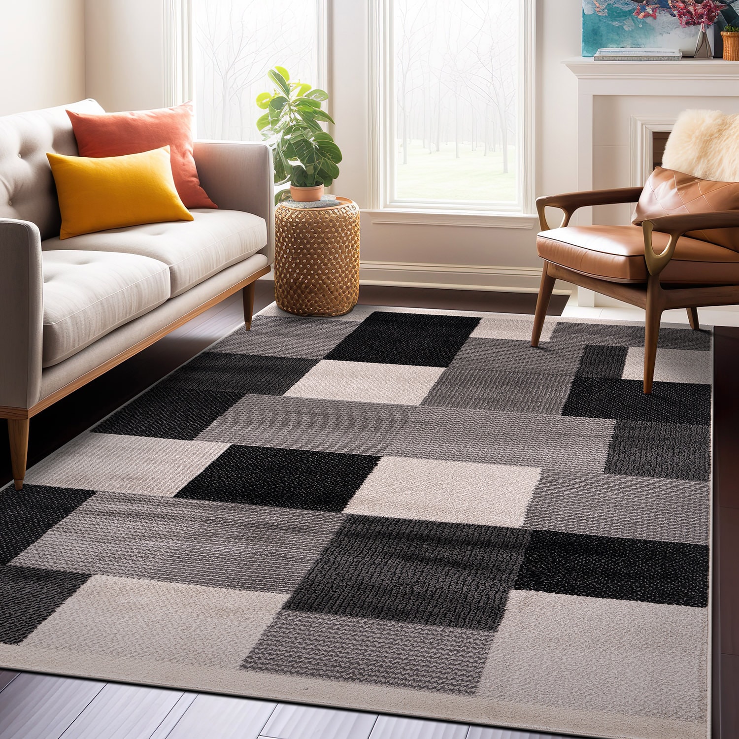 Modern Geometric Black and Gray Synthetic Rectangular Area Rug, 5' x 7'