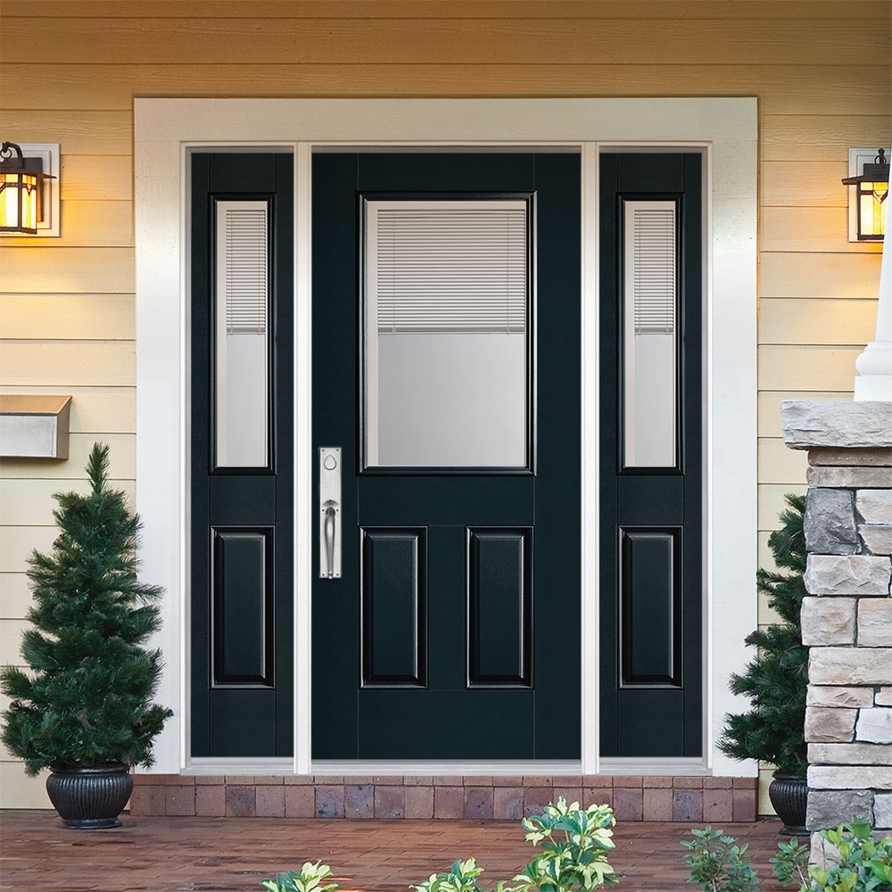 Masonite 1218520 60-in x 80-in x 4-9/16-in Fiberglass Half lite Right-hand inswing Eclipse Painted Prehung Front Door with Sidelights with Brickmould Insulating core with Blinds