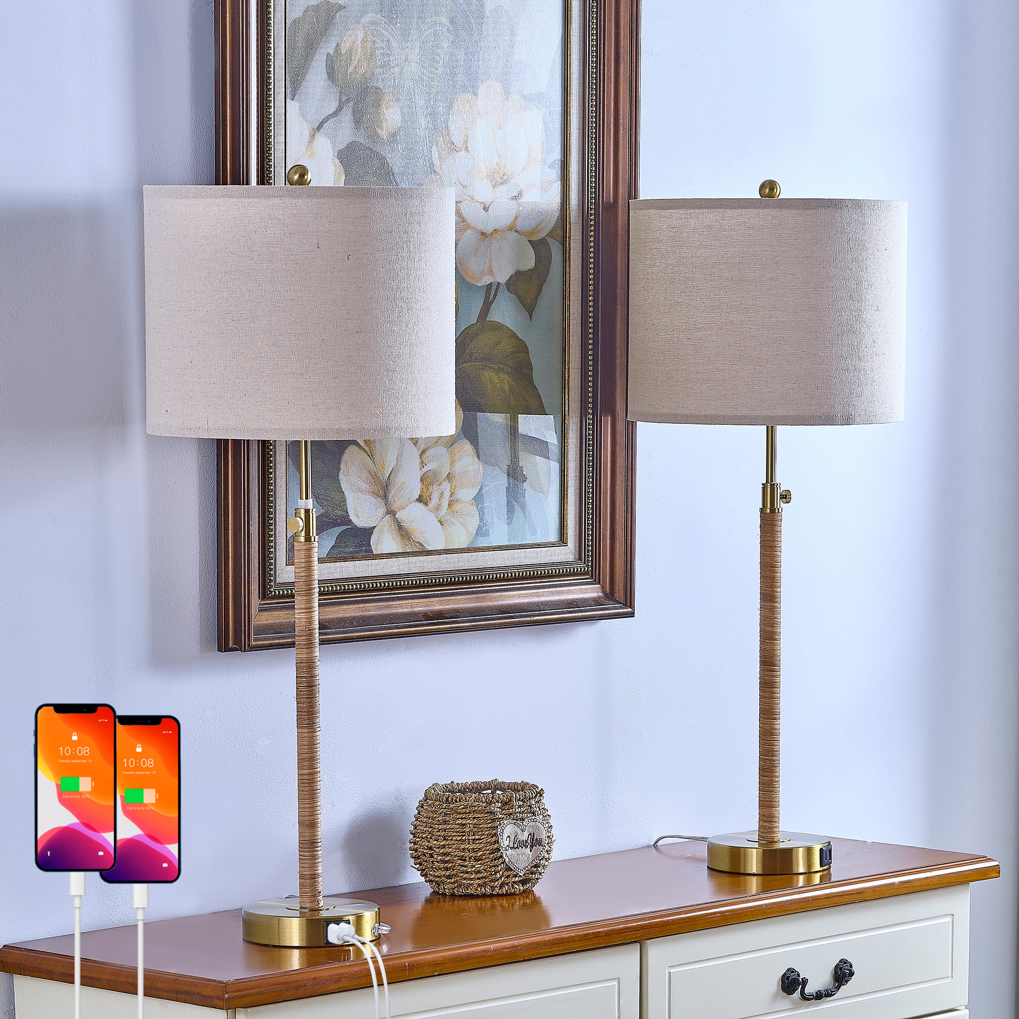 Maxax T261-GD Deluxe 33-Inches Brass LED Incandescent Rotary socket Table Lamp with Linen Shade 2 -Set