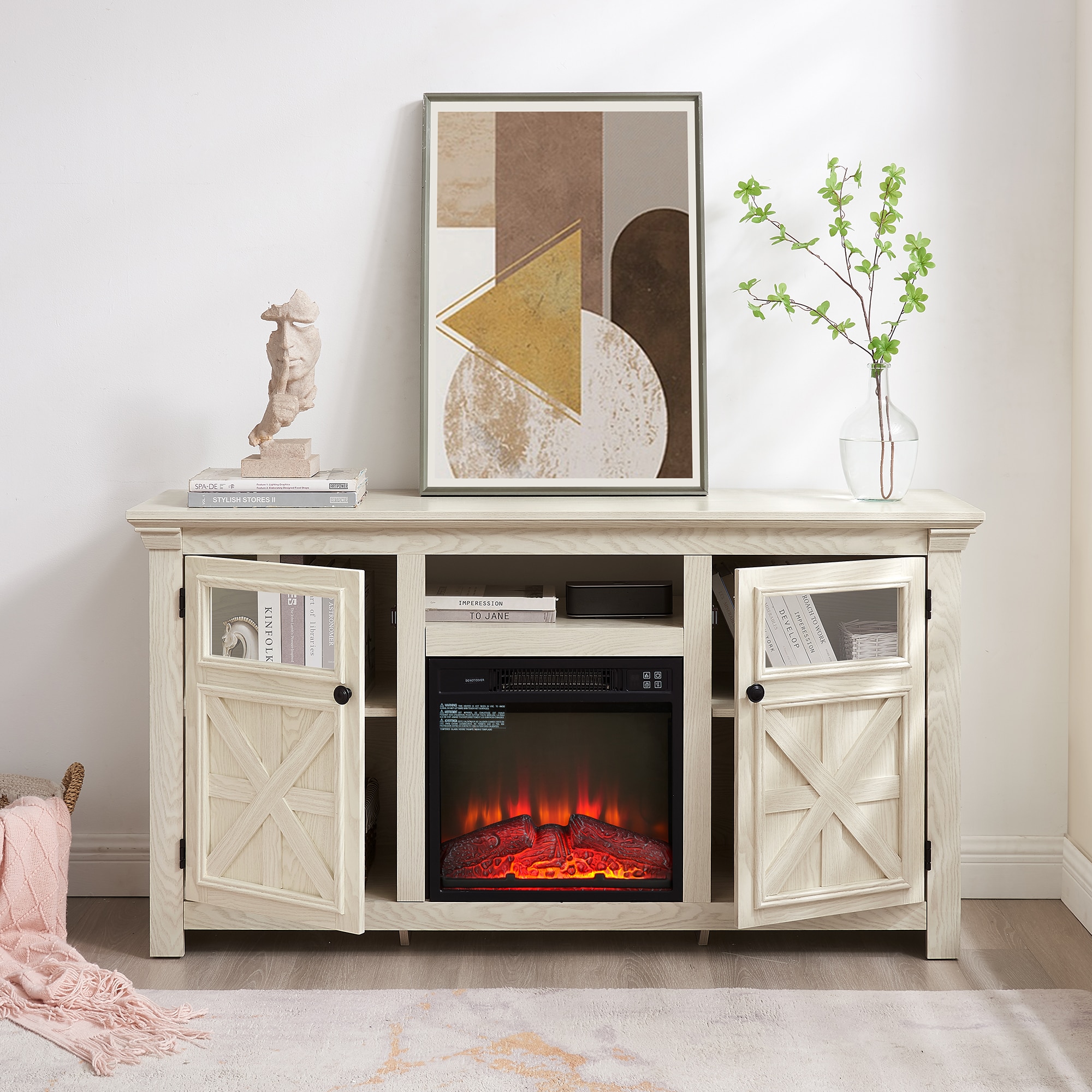 Fun Orange TV Stand with Fireplace Modern/Contemporary White 60.23-in W TV cabinet ( Accommodates TVs up to 65-in )
