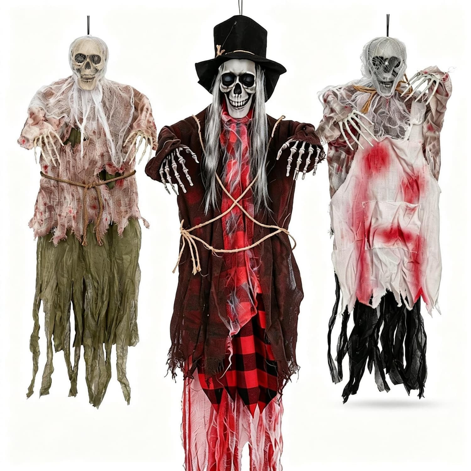 OGETFUUR 3-Pack Halloween Decorations Outdoor Hanging Skeleton one 60-in H Gentleman Top Hat and two 31.5-in H Ghosts Adjustable Arms for Yard Porch Tree