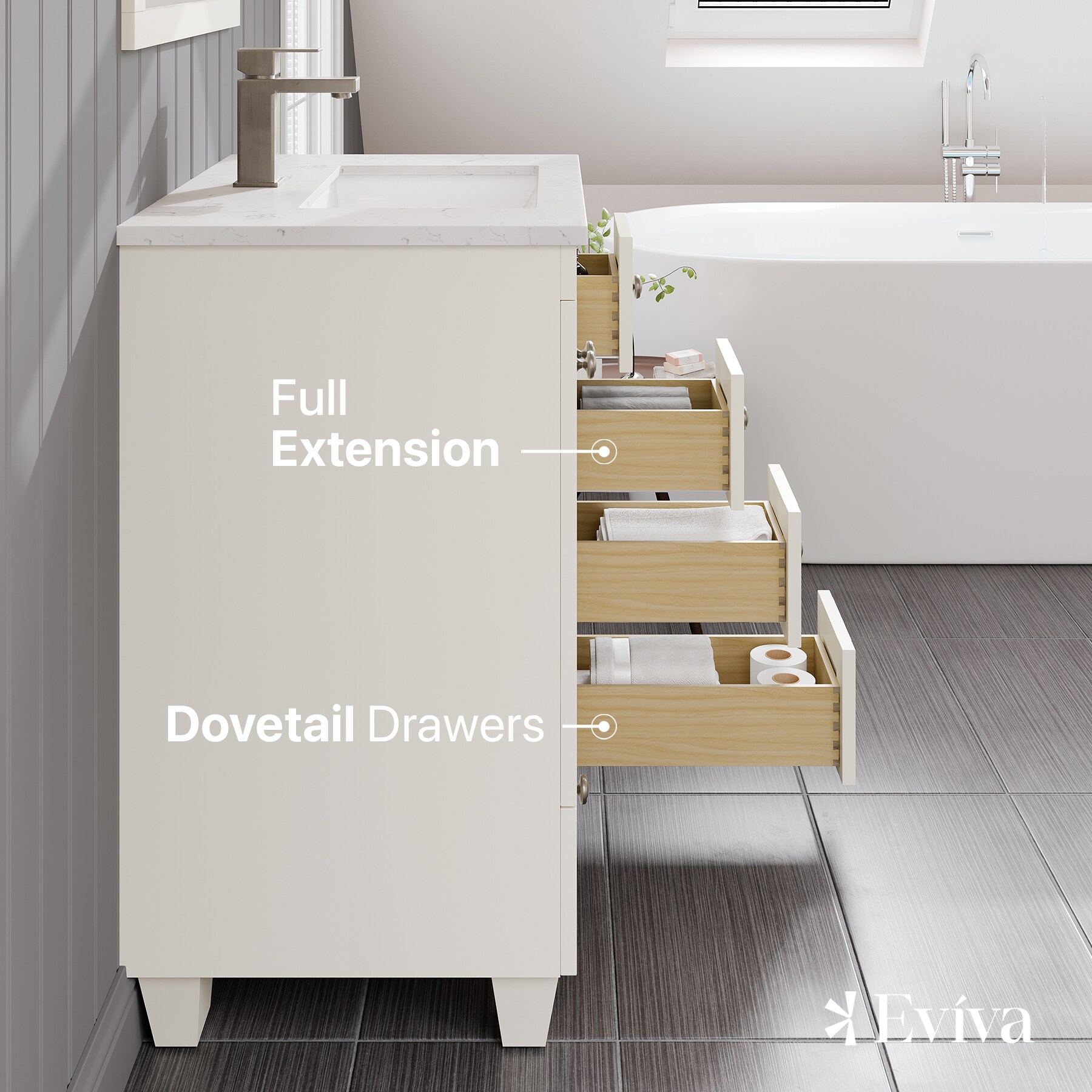 White Carrara Quartz Top Freestanding Bathroom Vanity with Porcelain Sink