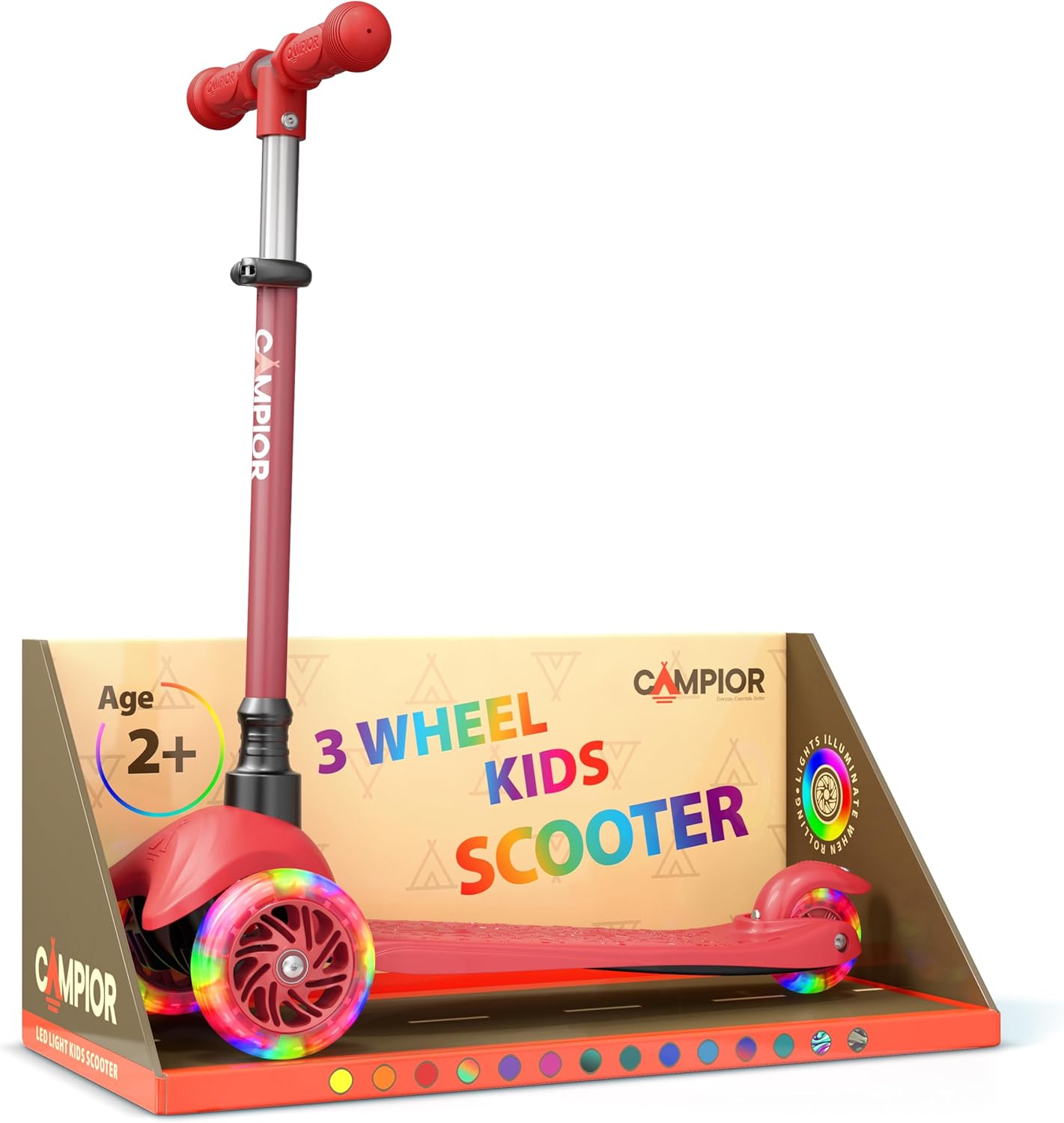 Campior Red Mini 3 Wheel Scooter for Kids Lean to Steer Kick Scooter with LED Light Up Wheels Adjustable Handlebar Wide Anti Slip Deck Smooth PU Wheels Rear Foot Brake for Toddlers and Kids Ages 2 and Up