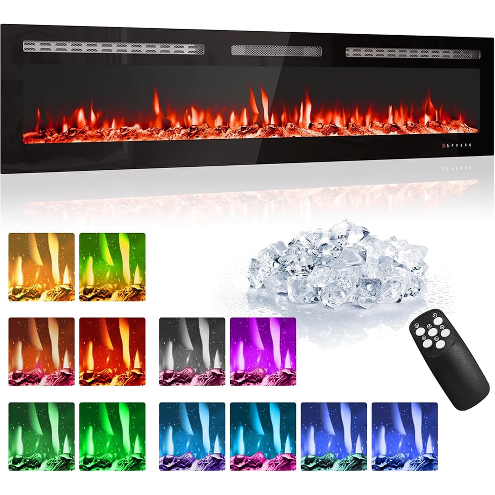Qeetex 60Inch Recessed Electric Fireplace with Remote Control Wall Mounted Electrics Fireplaces Heater 750/1500W Wall Mounted