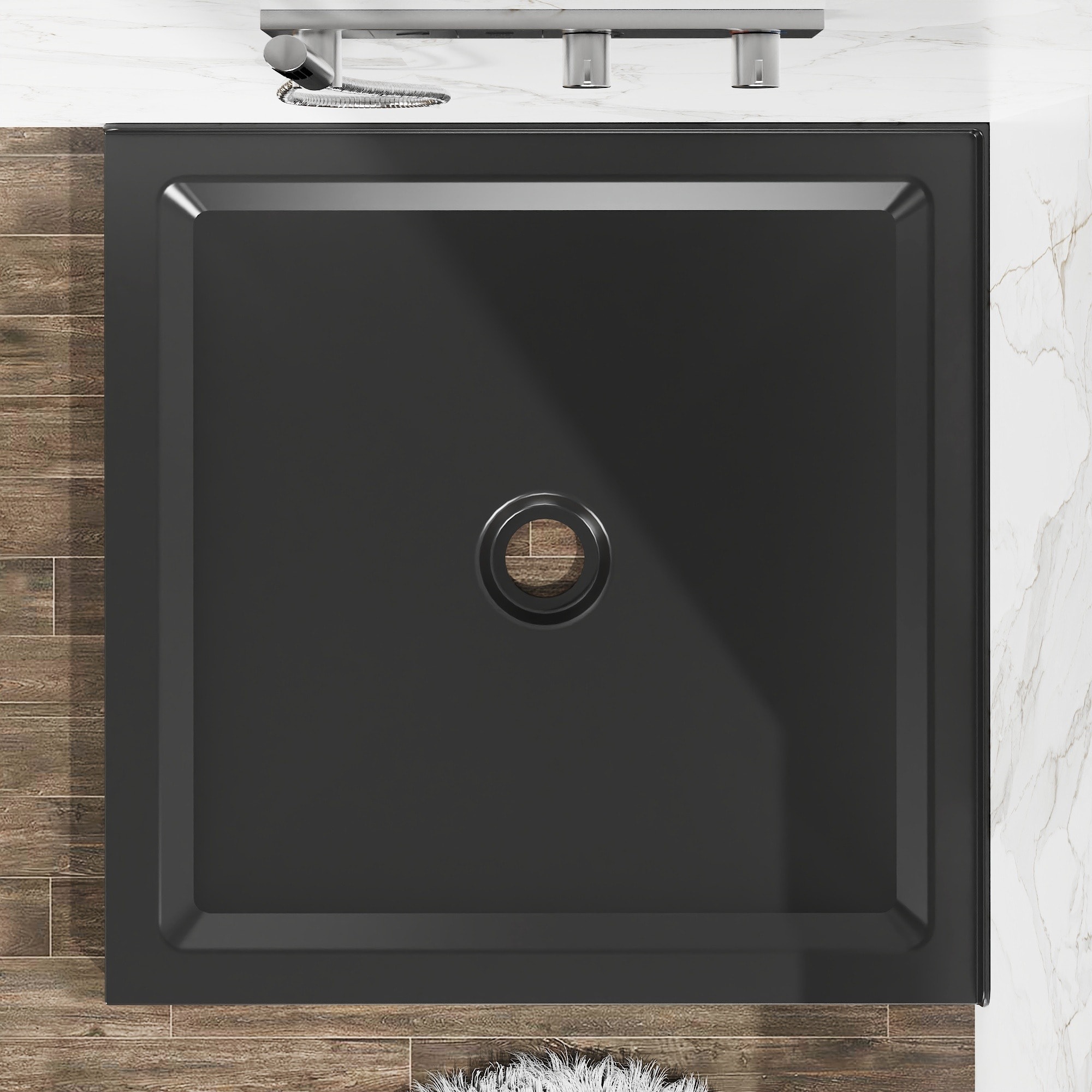 IAK - 36 inch x 36 inch Black Acrylic Shower Base with Center Drain and Double Threshold