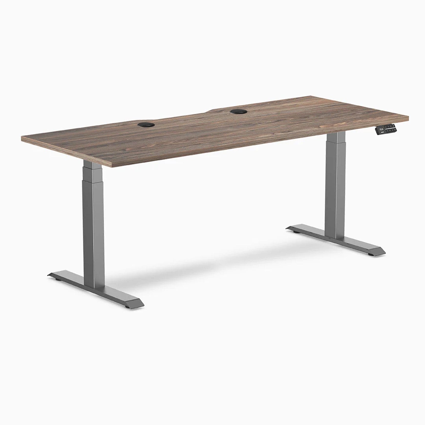 Desky  Dual Scalloped Laminate Sit Stand Desk - Natural Walnut / 70.9 x 29.5 inches with Grommets / Space Gray