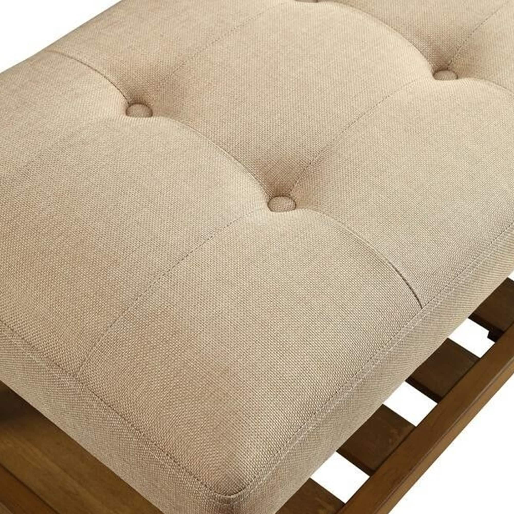Beige Oak Wooden Bench with Storage and Tufted Seat