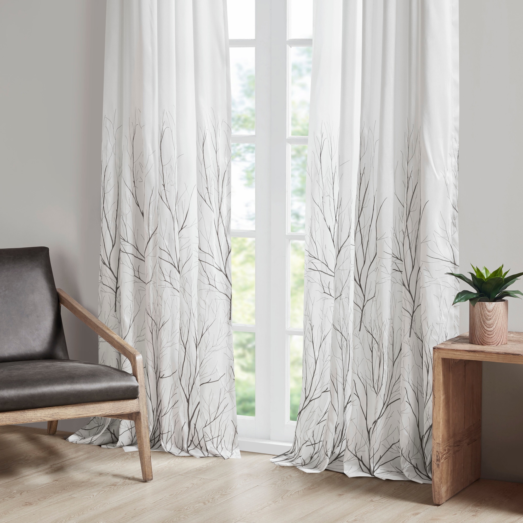 White Faux Silk Embroidered Puddle Length Curtain Panel