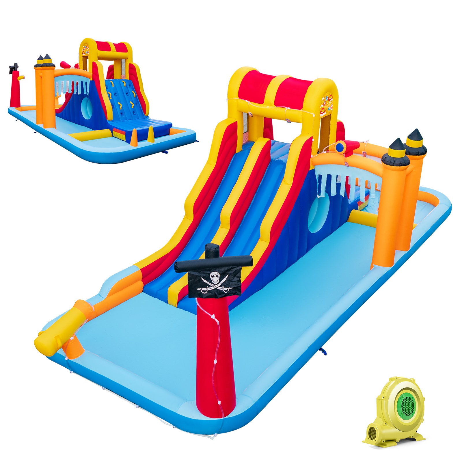 Slickblue D-CO-48642PE+33311PN 273 Inch- Inflatable 6-in-1 Water Slide – Oxford Cloth PVC – Outdoor Bounce Castle with Dual Slides and Climbing Wall for Backyard with 950W Blower