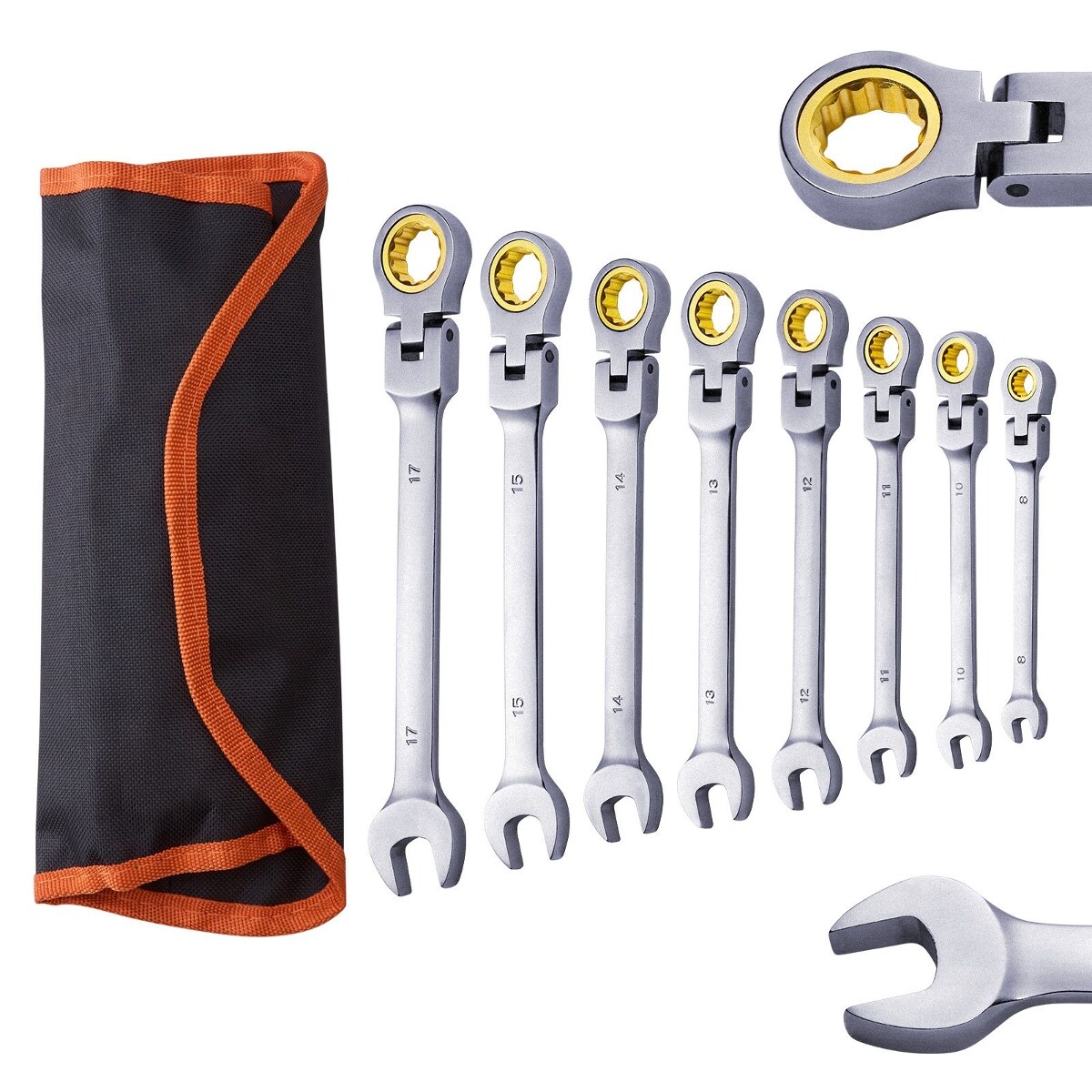 Tooliom Flex-Head Ratcheting Wrench Set Metric 8mm To 17mm With Roll-Up Pouch For Auto Repair