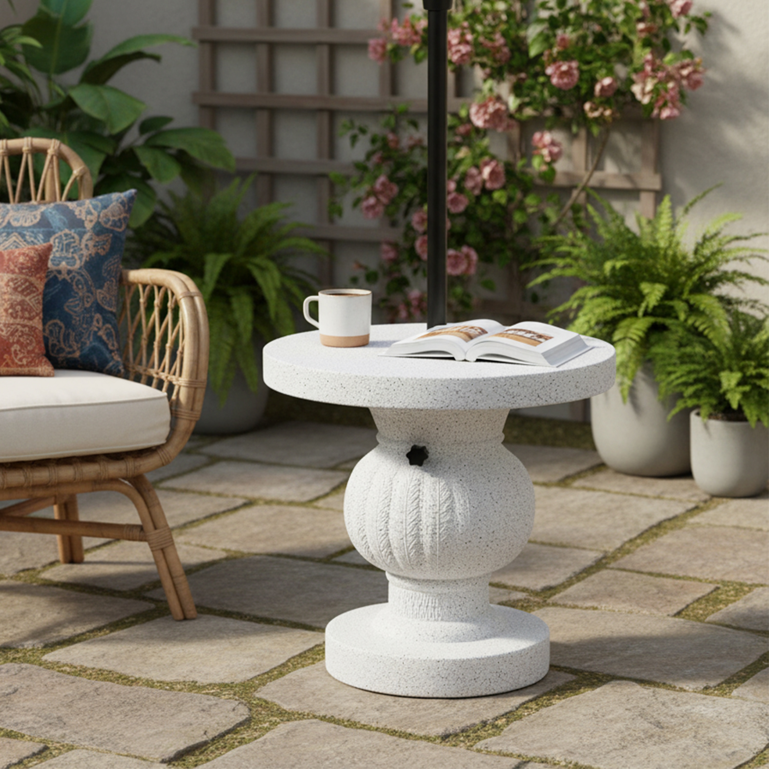 Christopher Knight Home 361183 Hempstead Berra MGO Outdoor Patio Side Table Umbrella Base with Sand Filling Design in White Marble Finish