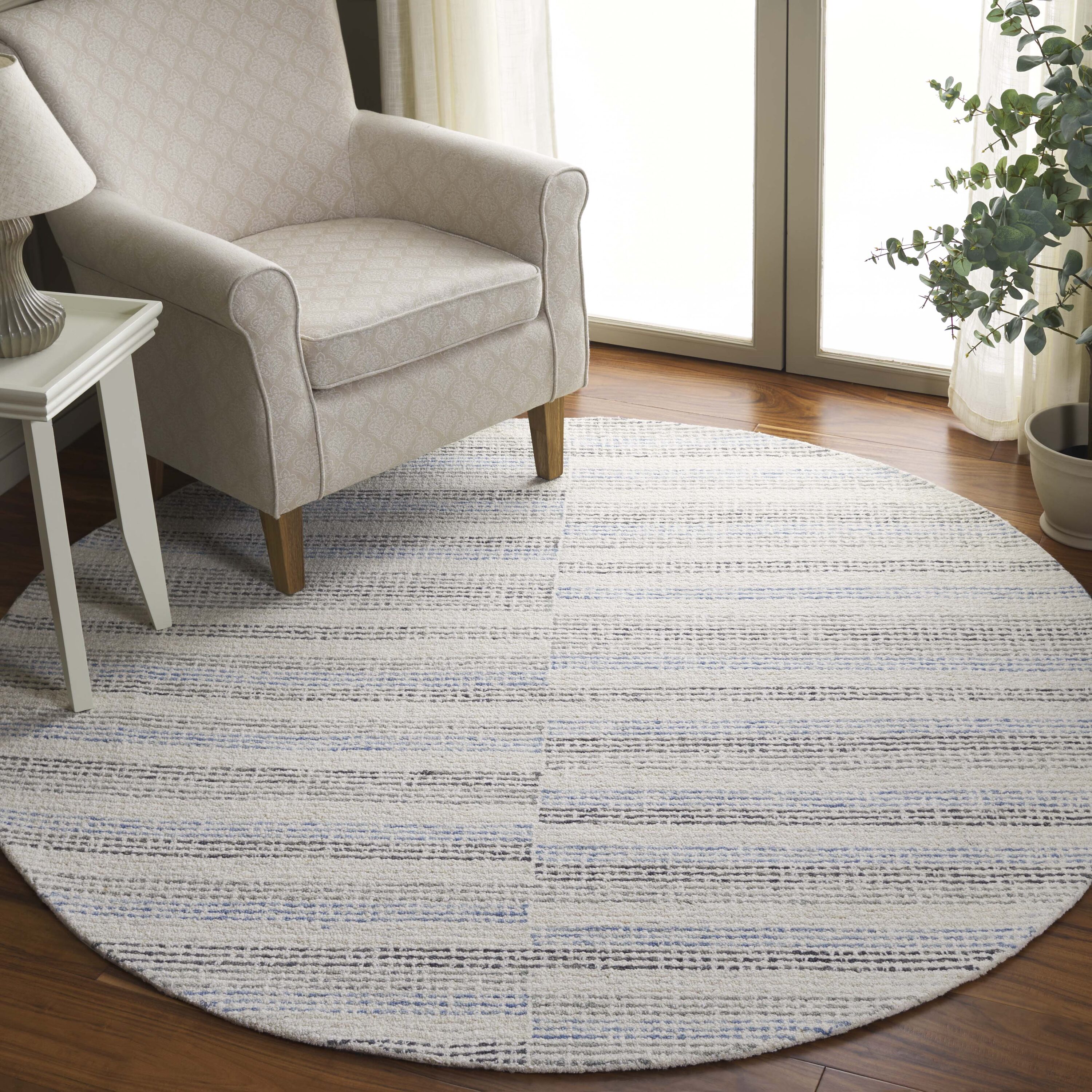  Ebony 810 Ivory/Blue Contemporary 6Ft x 6Ft Round Rug