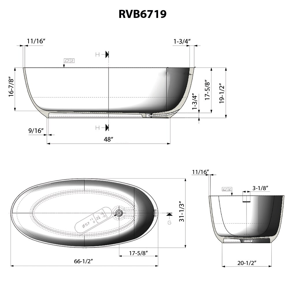 Matte White Oval Freestanding Solid Surface Bath Tub, 66-inch