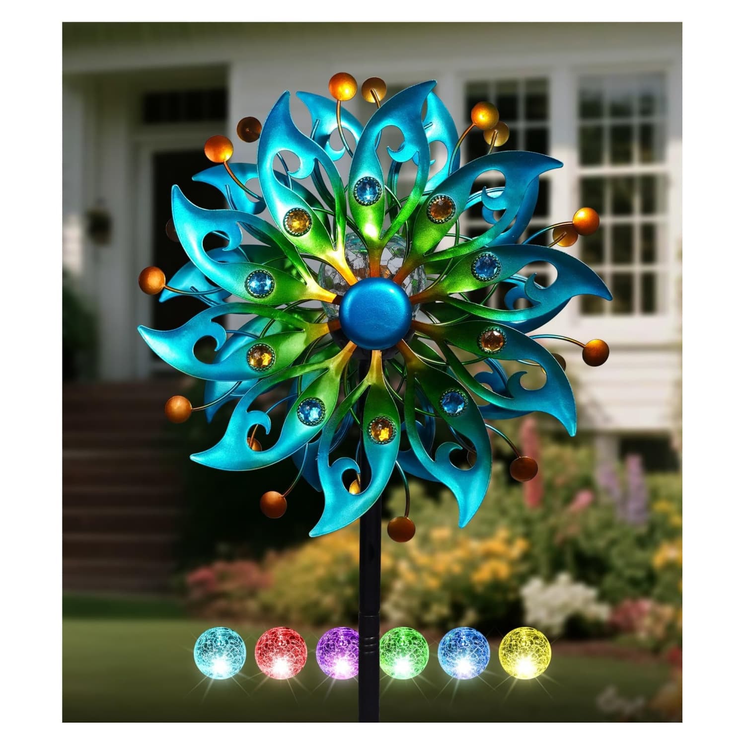 Angel Sar Solar Peacock Wind Spinner with Crackle Ball Auto Glow Whisper Quiet Dual Bearing 5-Prong Stake for Outdoor Yard Garden