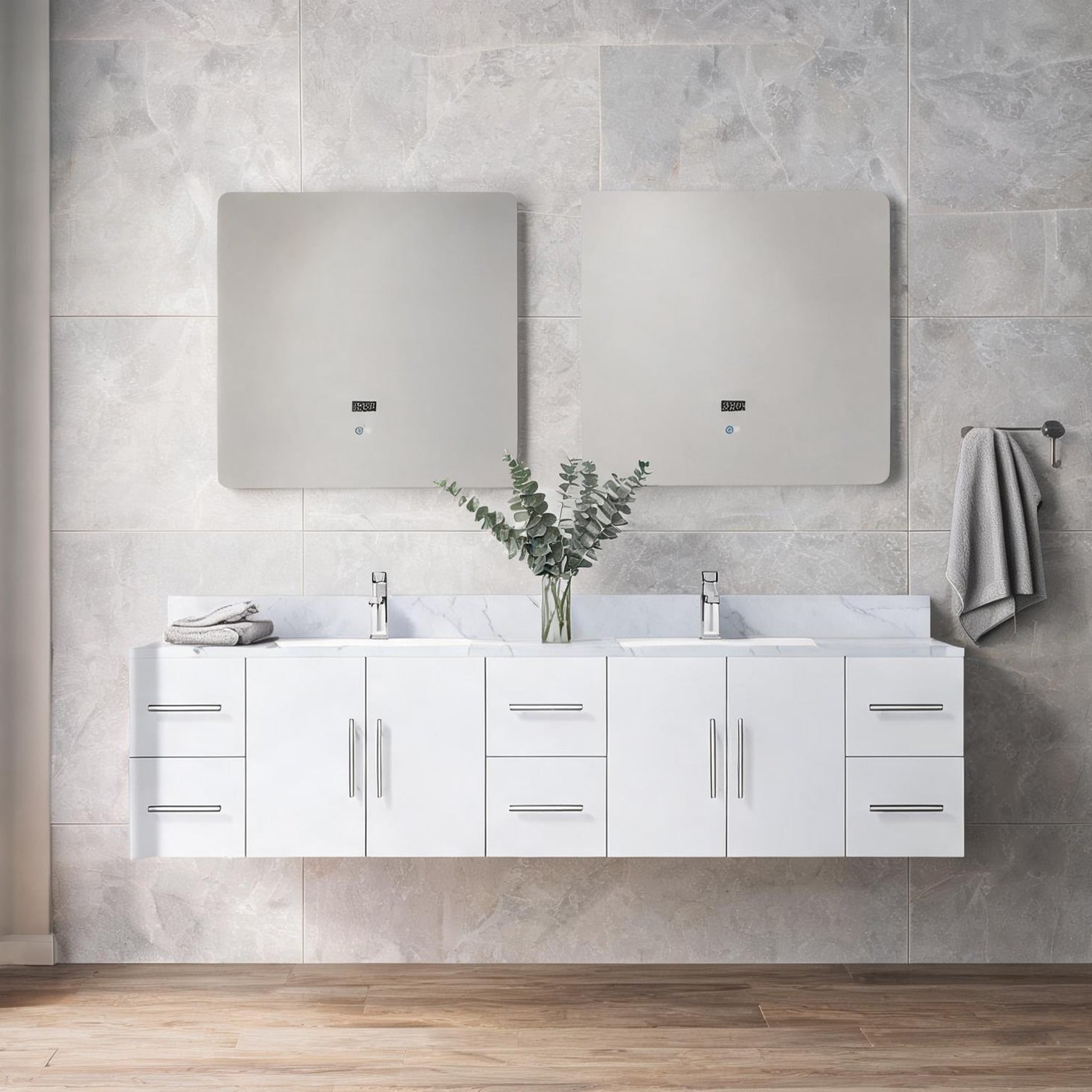 Naturefalls - 84-Inch Double Bathroom Vanity with Carrara Marble Top Classic White Wood Cabinet S...