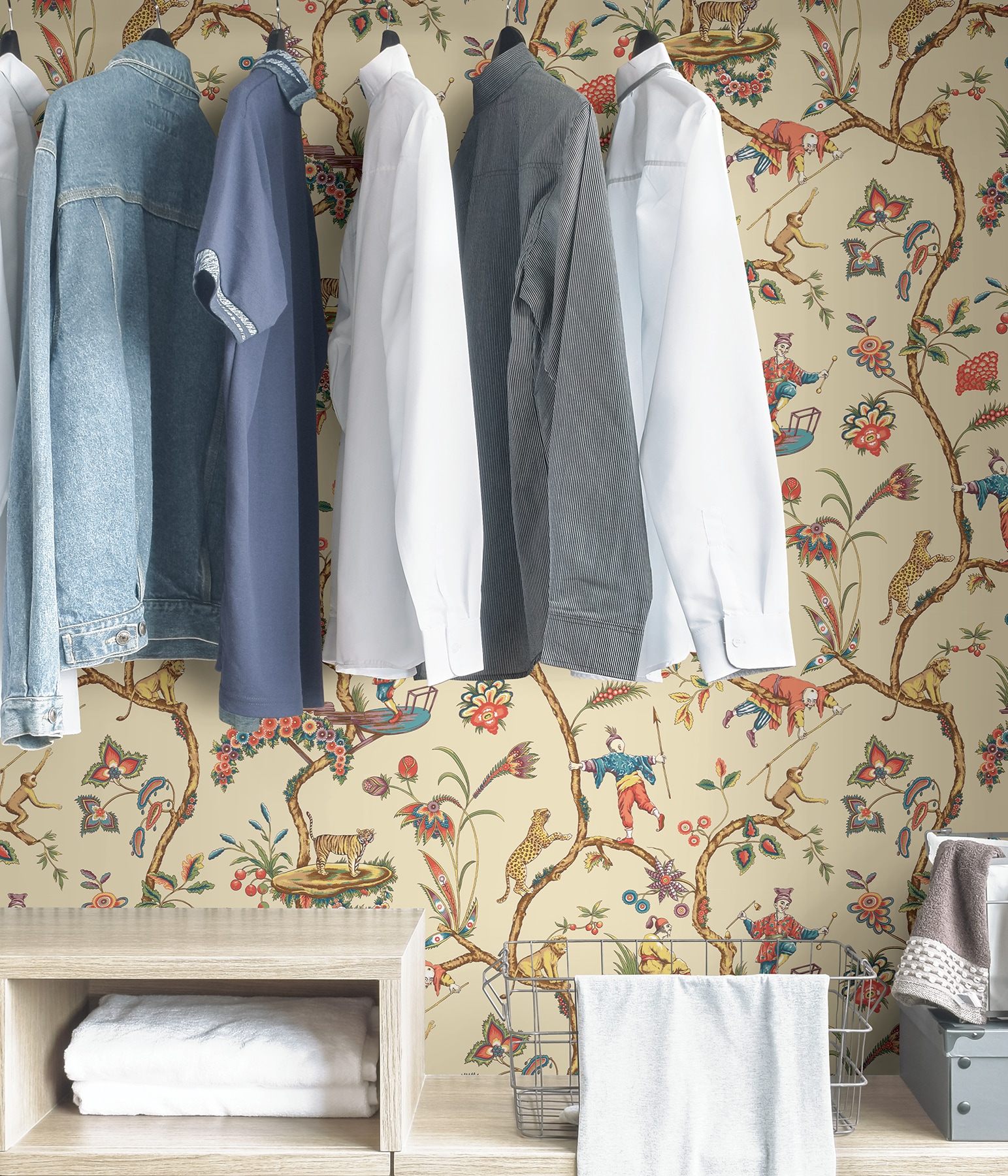 Ecru Chinoiserie Exotic Multicolor Vinyl Peel & Stick Wallpaper