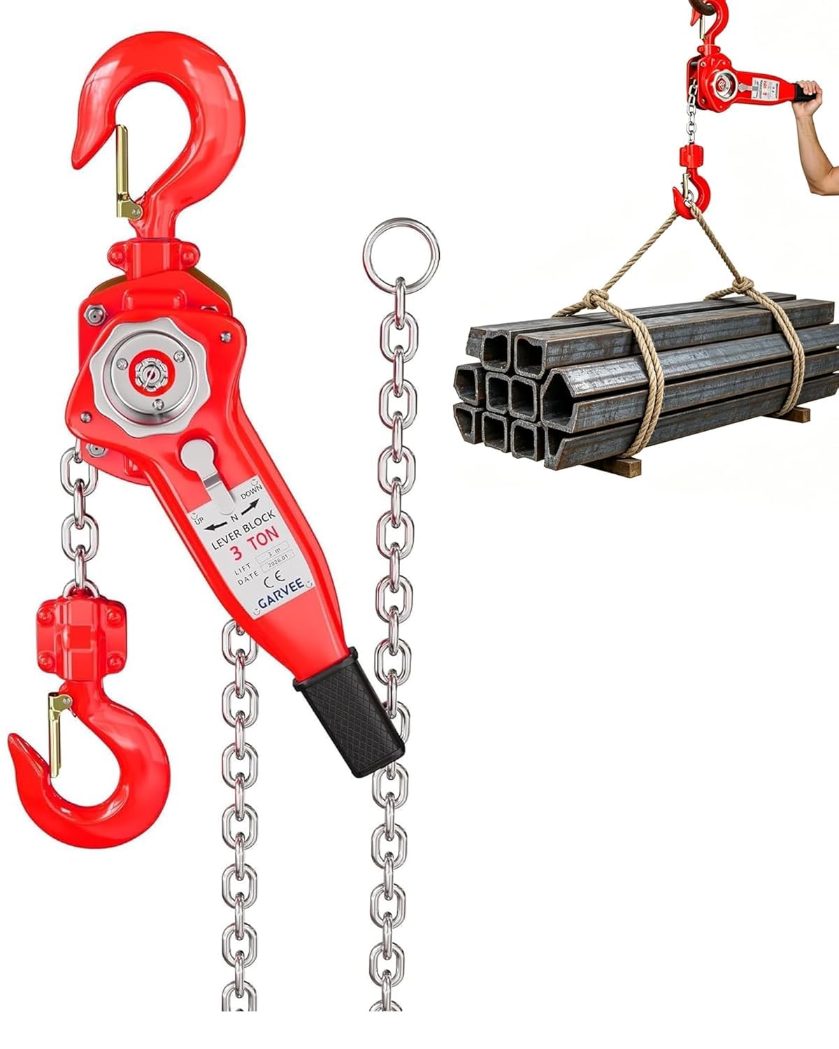 IdealHouse Manual Lever Chain Hoist 3 Ton 6600 Lbs Capacity 20 ft Lift Heavy Duty G80 Galvanized Steel Chain  Double Pawl Safety Brake 360 degree  Swivel Hook for Garage Factory