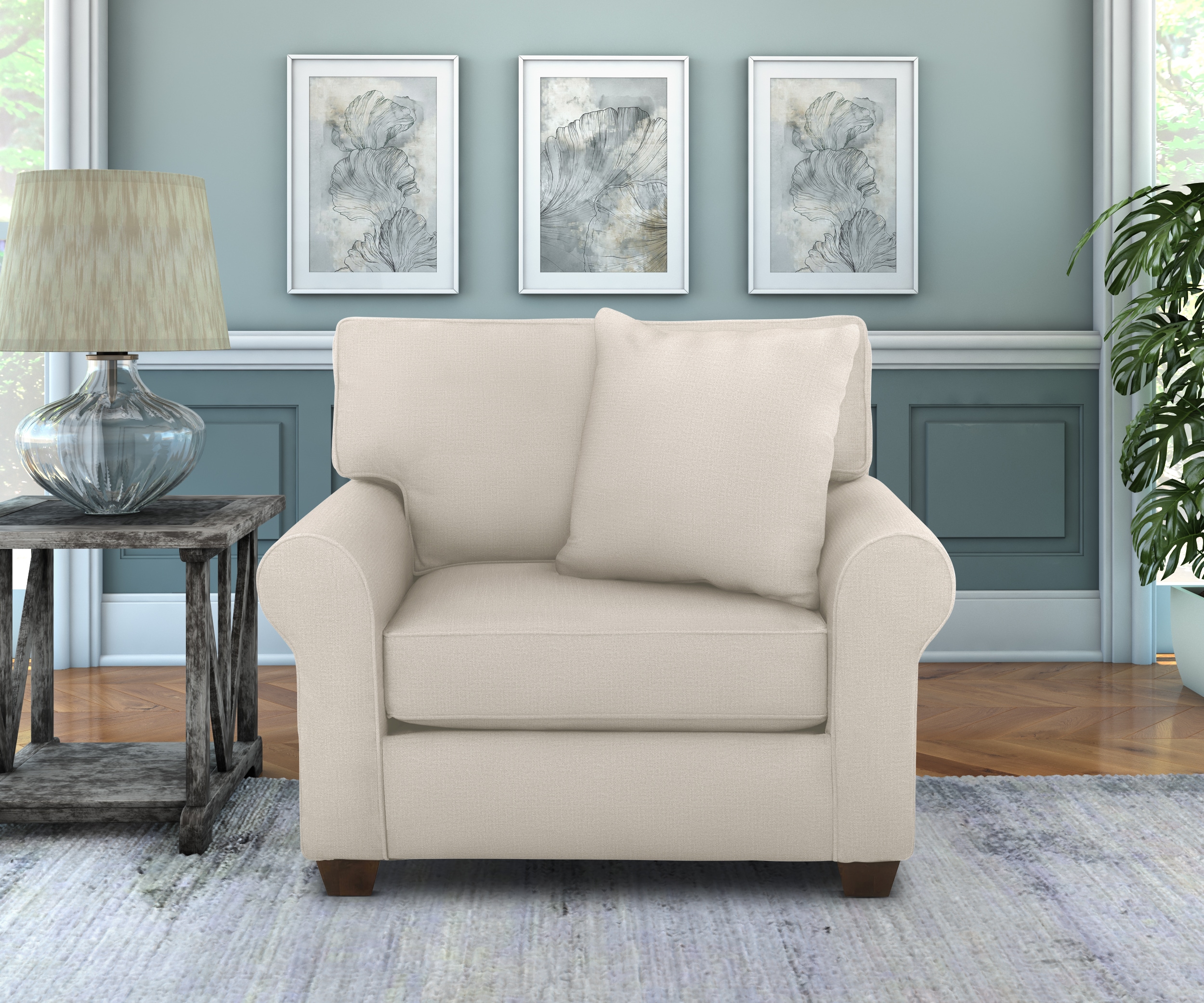 Nook Home K41700BCVELABONE Nothing screams class more than a timeless look. The Canter big chair features a classic perfectly scaled rolled arm with beautiful classic border cushions.