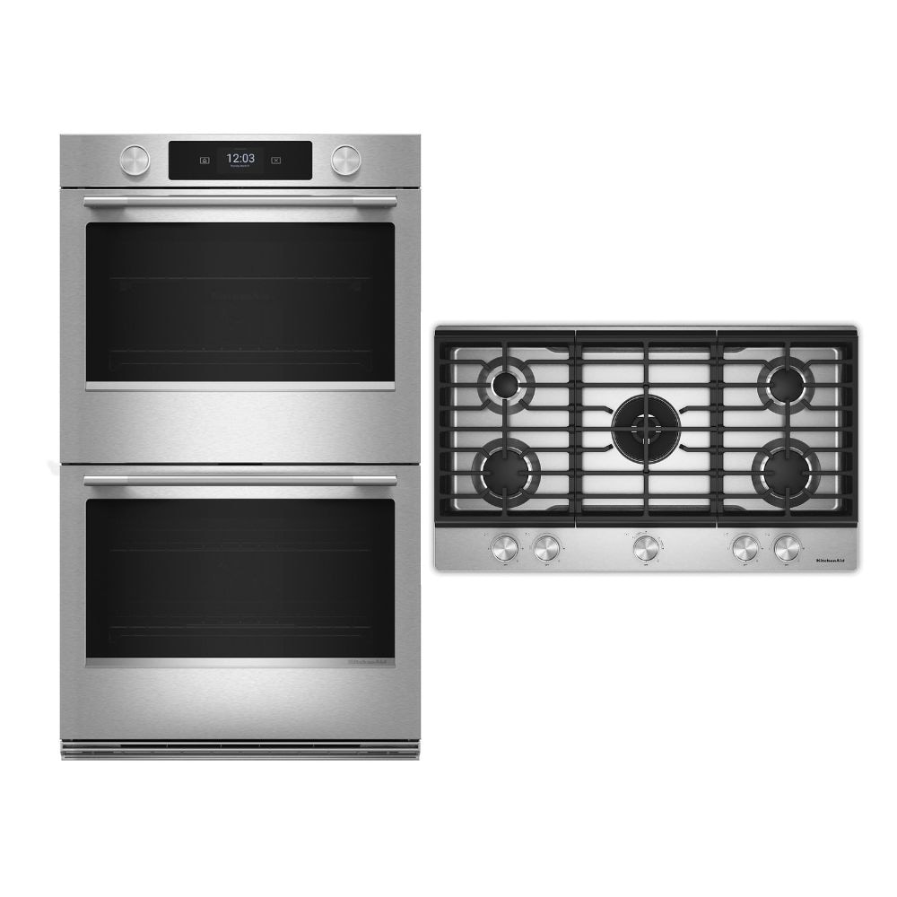 KitchenAid 36-in Stainless Steel 5 Burner Gas Cooktop and 30-in PrintShield Stainless Steel Electric Double Wall Oven with Air Fry and Steam-Cleaning