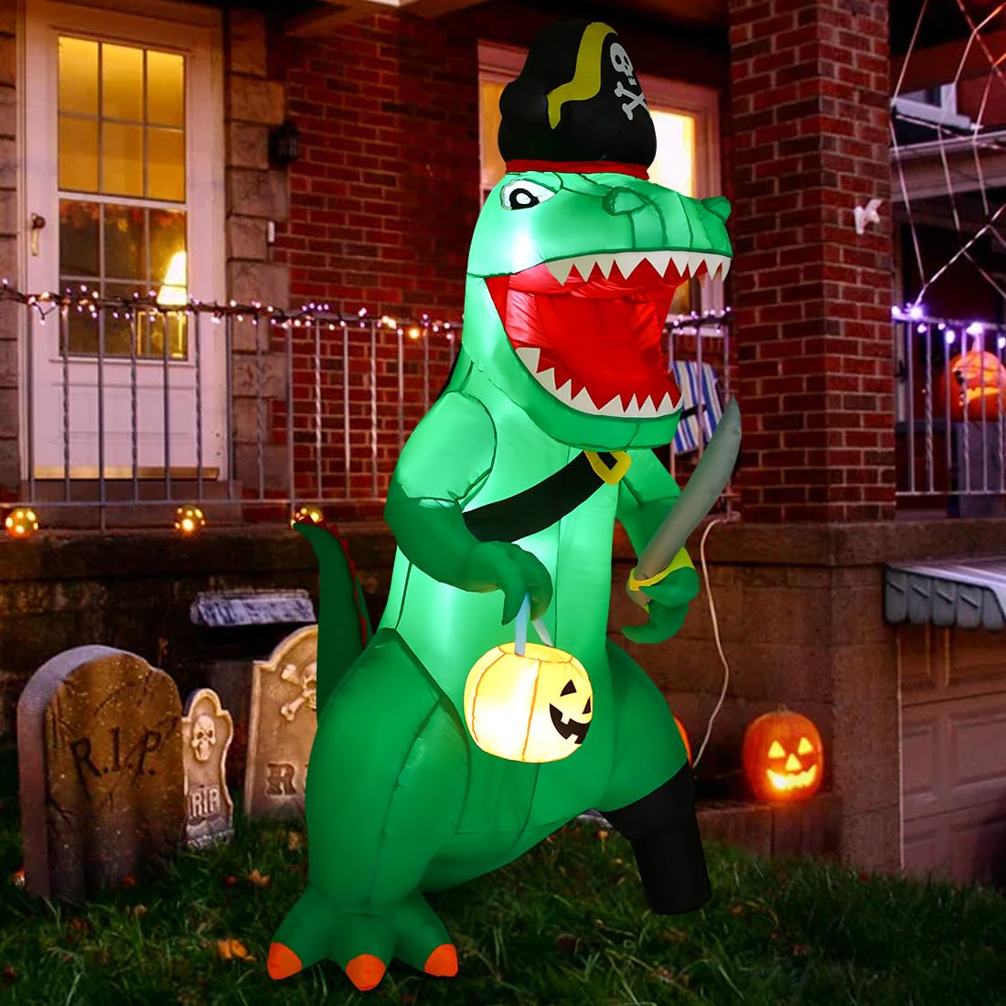 7-Foot Green Pirate Dinosaur Halloween Inflatable with LED Lights