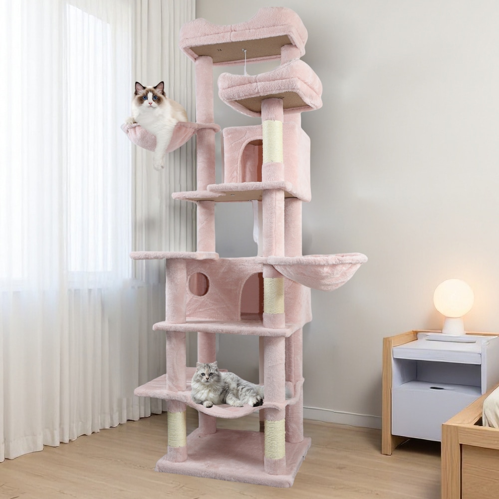 Wooakway 68 inch Multi-Level Cat Tree with Scratching Post Plush Perch Hammock and Sisal-Covered Cat Condo for Large Cats Cat Tower with Hideaway House Pink