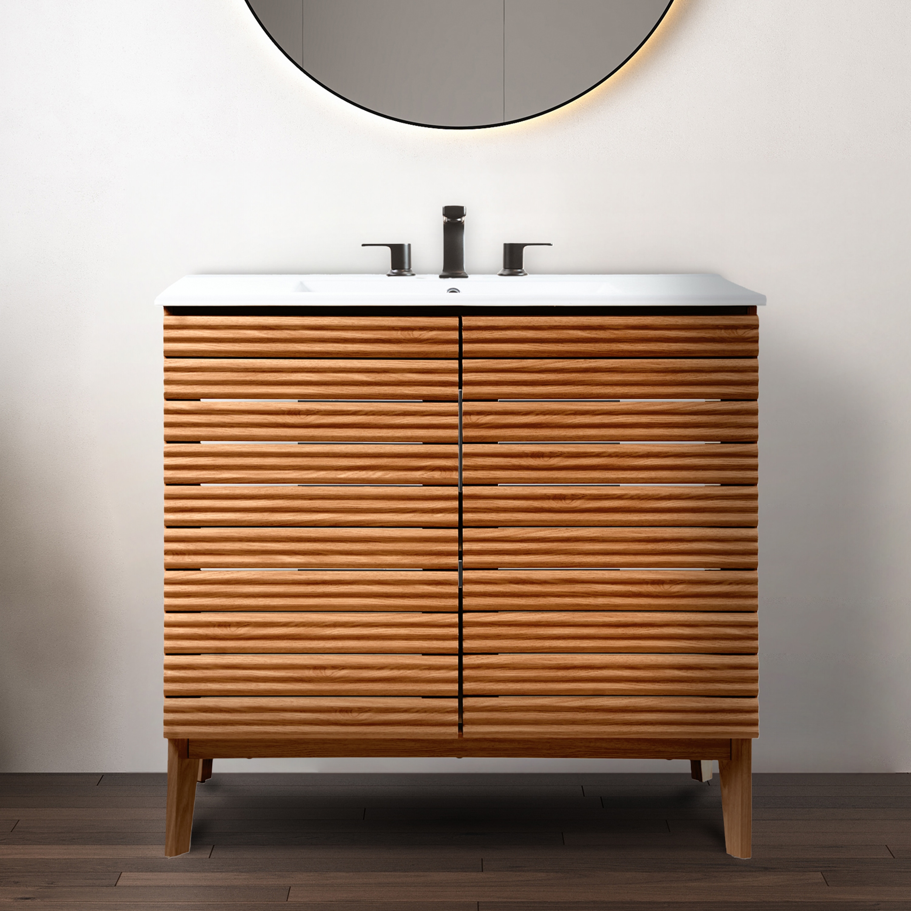 JONATHAN  Y VAN1007B Calandre Thin Linear Slat Modern Farmhouse 36-in Walnut Bathroom Vanity Base Cabinet without Top