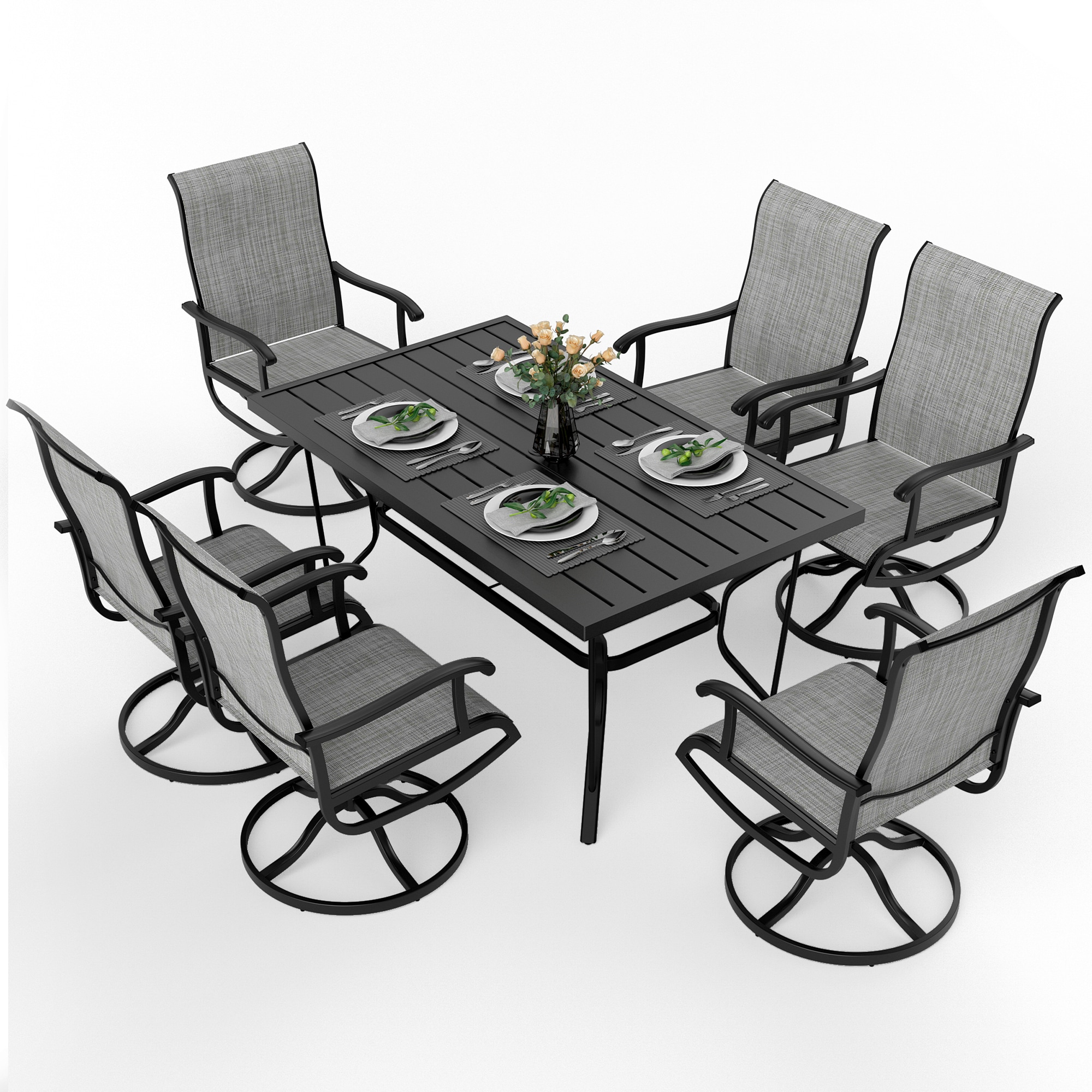 7 -Piece Black Patio Dining Set Iron Rectangle Table with 6 Gray Swivel Chairs | - PamaPic TS-CZ-ZY-7JT-G-WL1