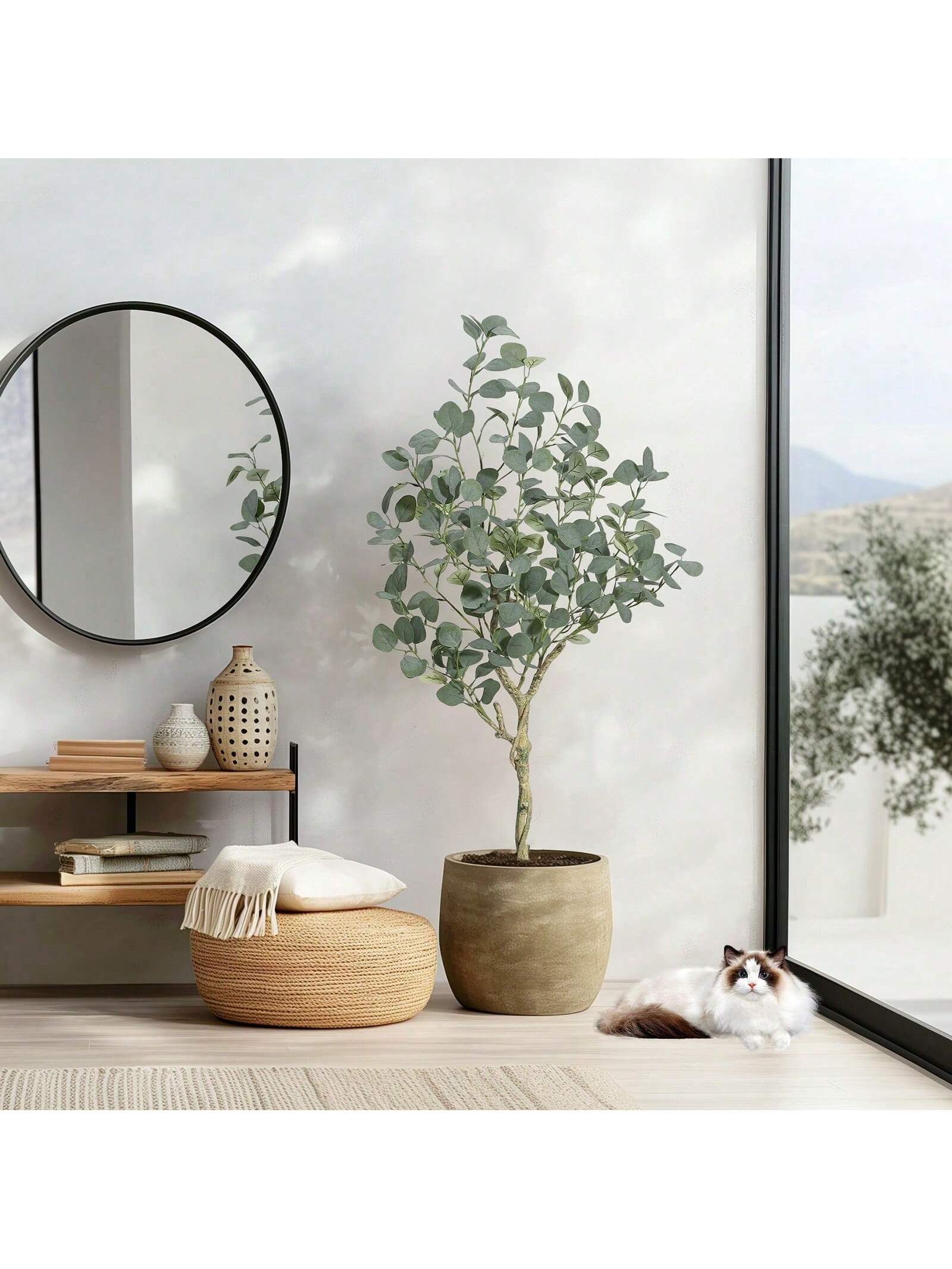 Qeetex PHO-15CG9AB3-HF4 4FT Eucalyptus Artificial Tree. Imitation Eucalyptus. Straw Pot Plant with Silver Dollar Leaves. Suitable for Living Room Bedroom Office Decoration