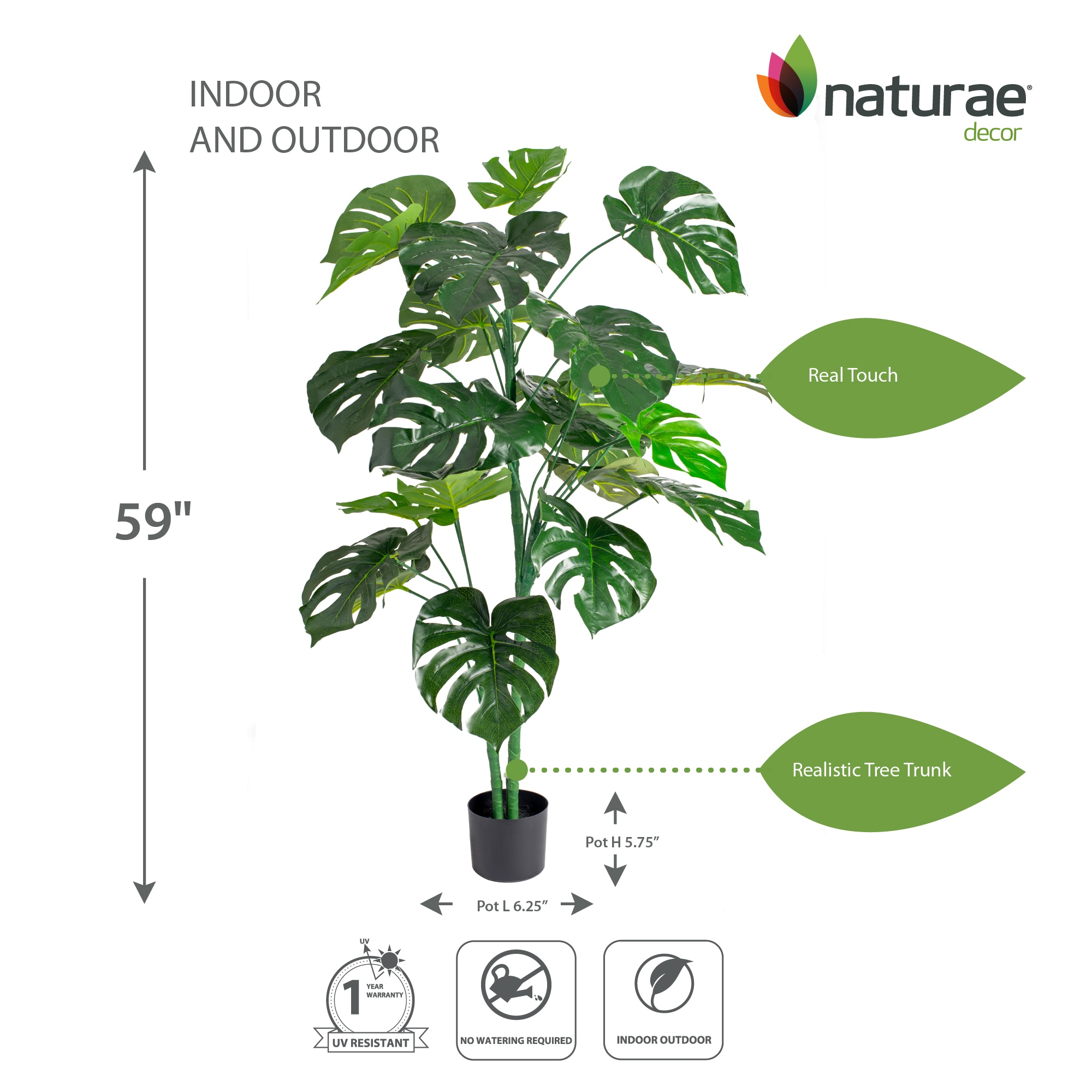 59-Inch Green Artificial Monstera Floor Plant with Black Plastic Pot
