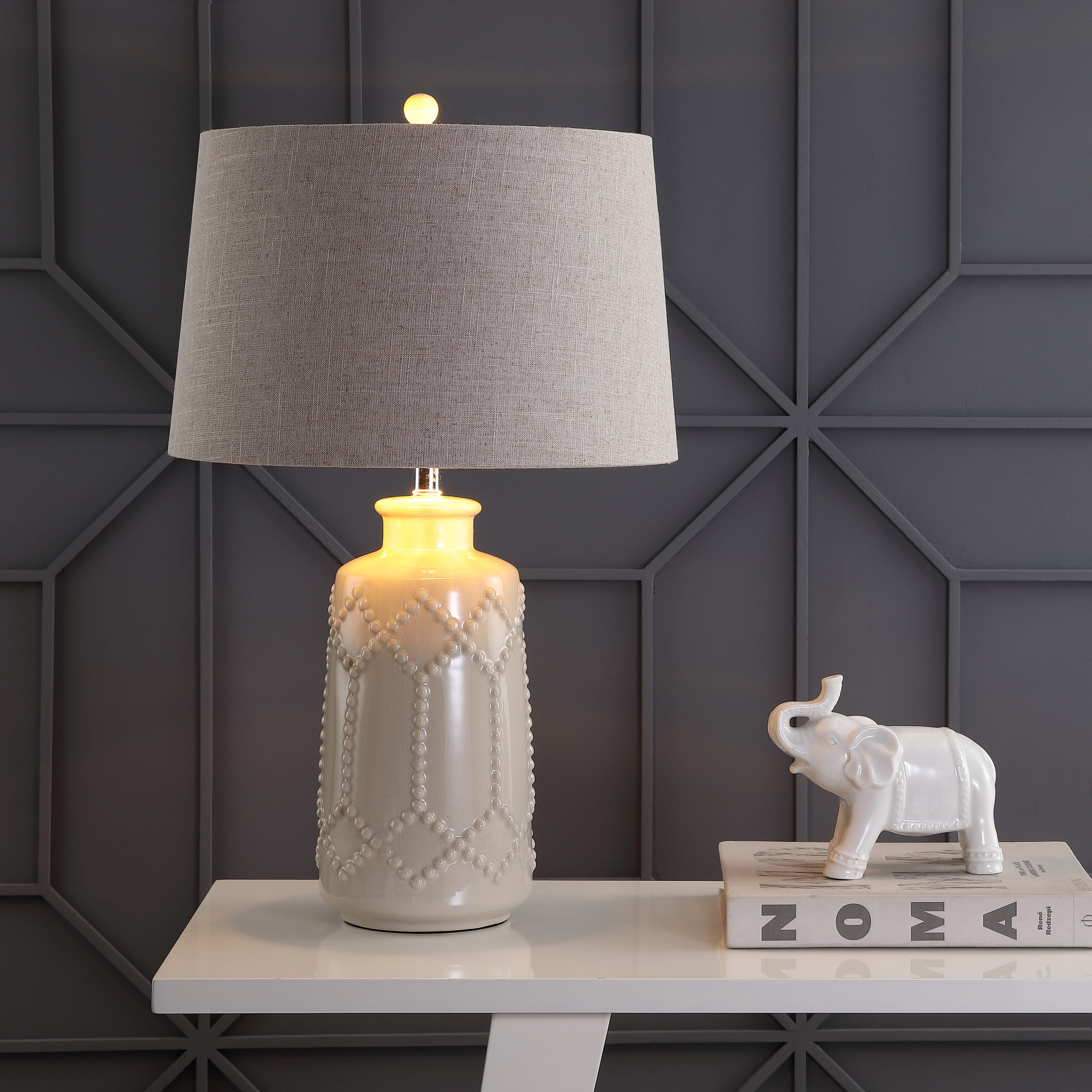 JONATHAN  Y JYL4018A Alice Ceramic Transitional 26-in Chrome LED Incandescent Rotary socket Table Lamp with Linen Shade