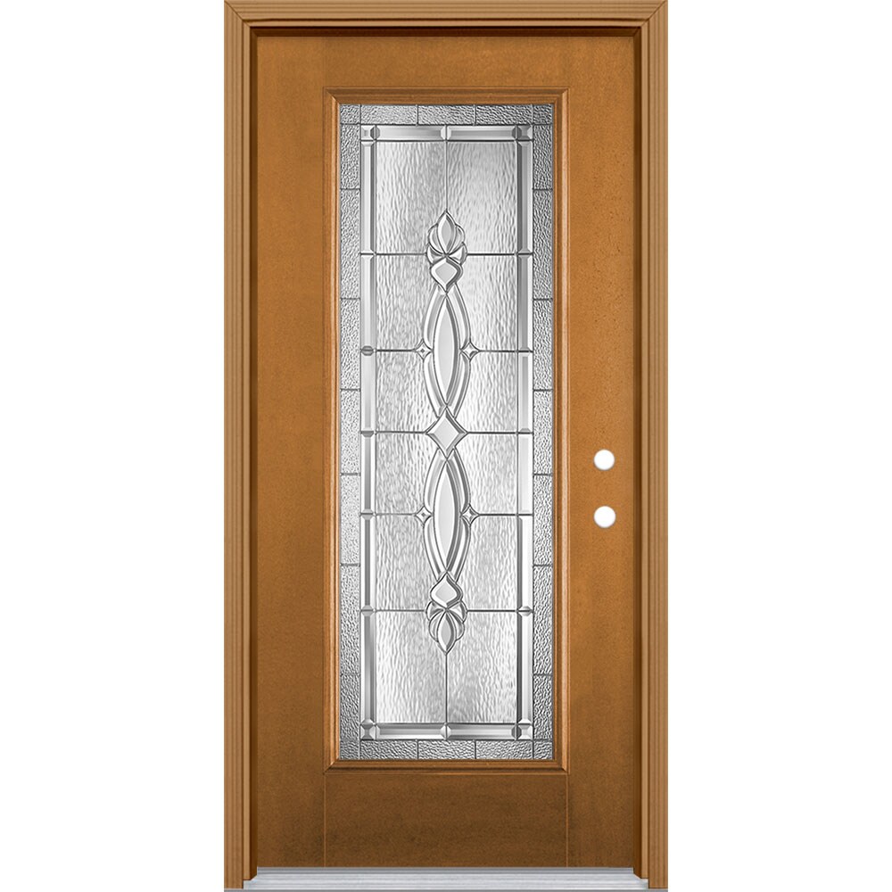 Masonite 3421833 Panama 36-in x 80-in x 4-9/16-in Fiberglass Full lite Left-hand inswing Oakcrest Stained Prehung Single door Front Door with Brickmould Insulating core Decorative glass