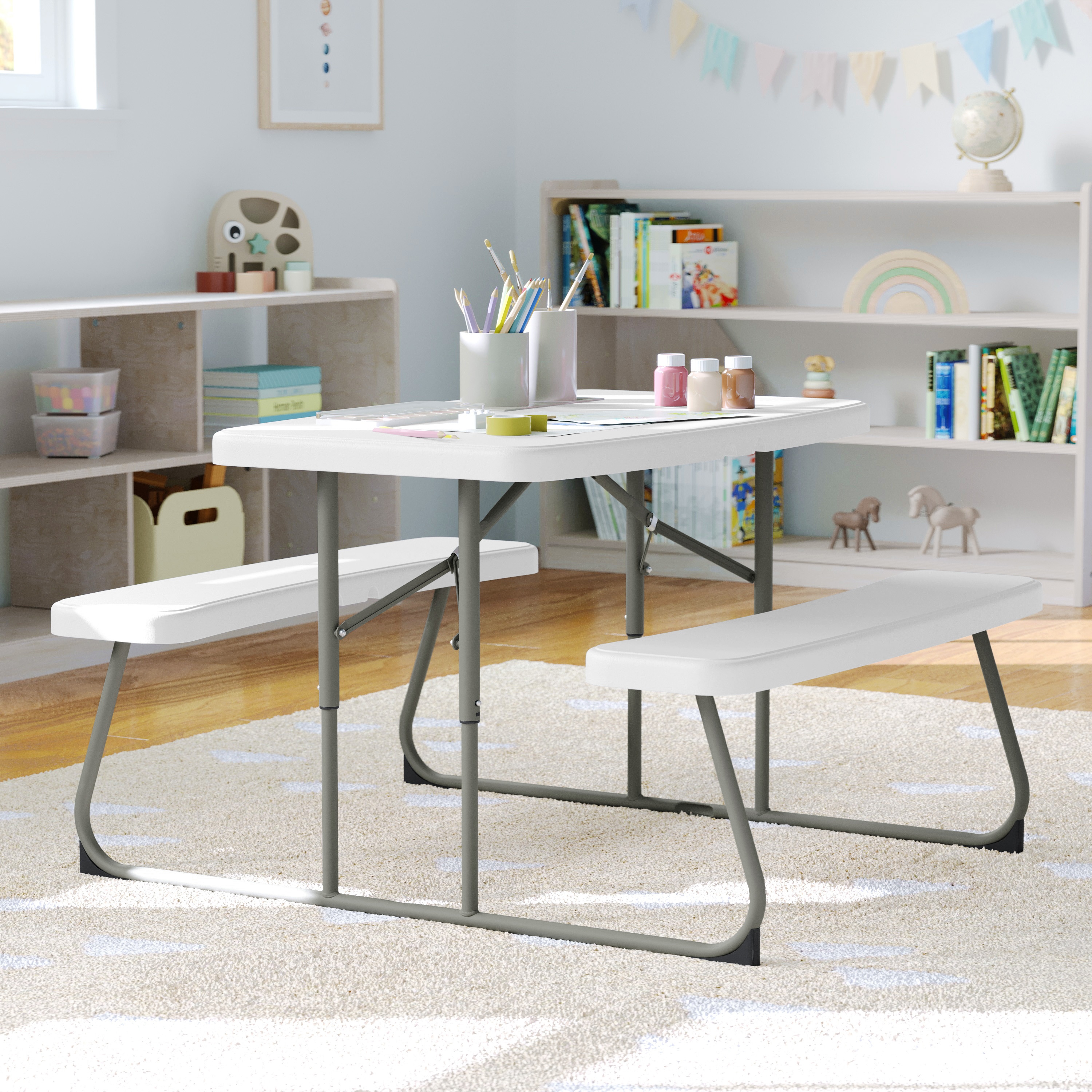 Flash Furniture 196861062902 Paige Easy-Fold White Folding Plastic Kids Outdoor Picnic Table and Benches - Commercial Grade - Seating for 4 Kids
