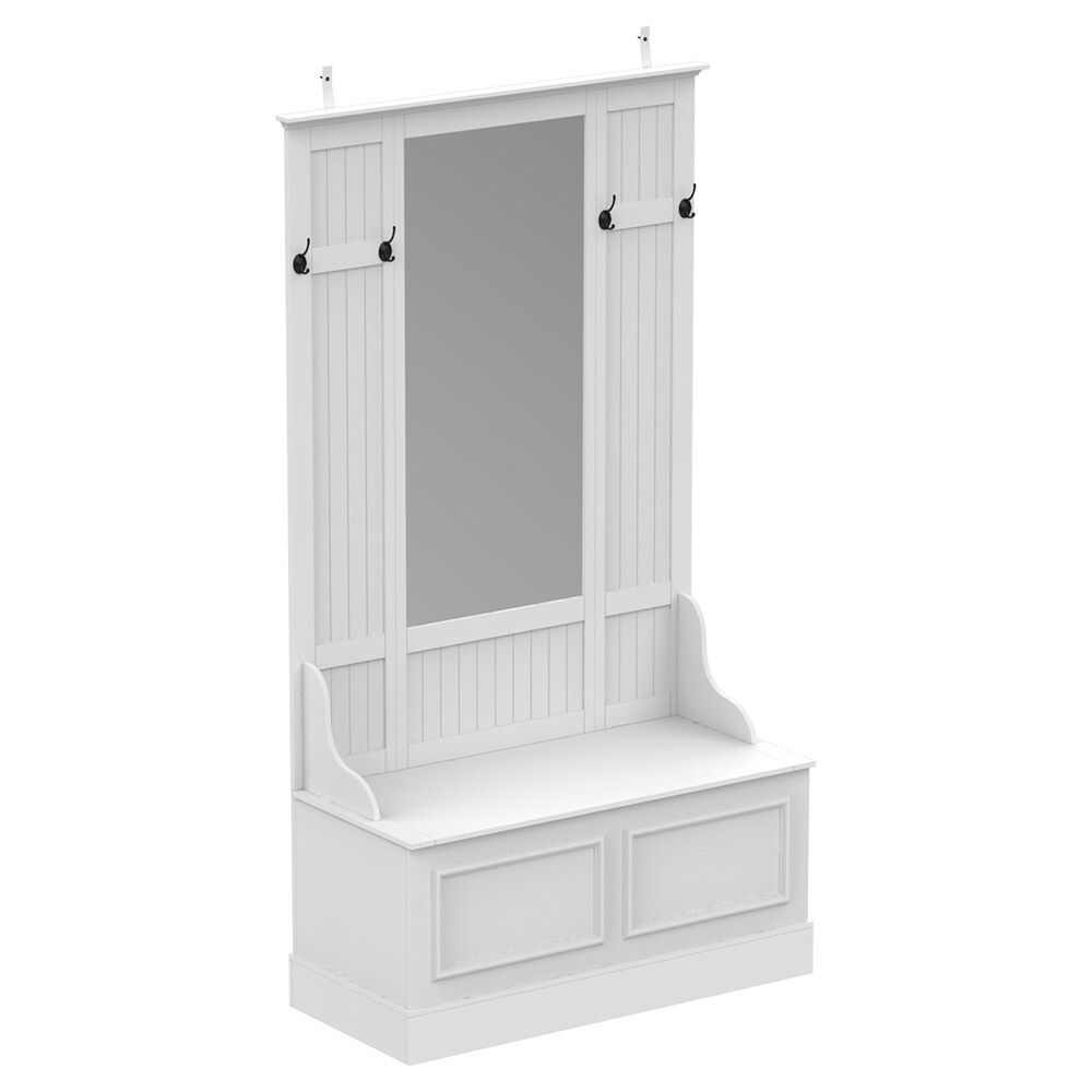  V-KF020339-01 White Wood 3-in-1 Hall Tree With Mirror and Storage Bench and 4-Metal Double Hooks