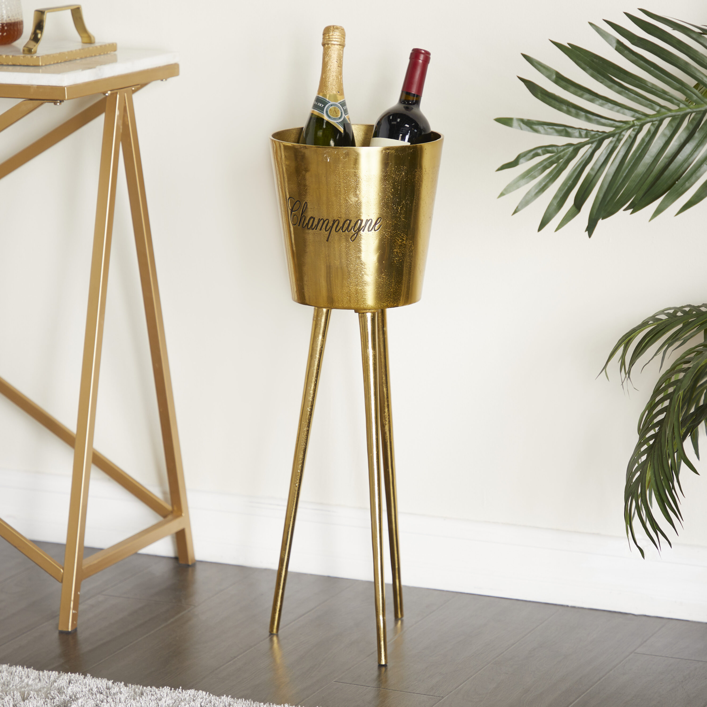 Grayson Lane 89569 Gold Tall Floor Champagne 3 Bottle Metal Ice Bucket