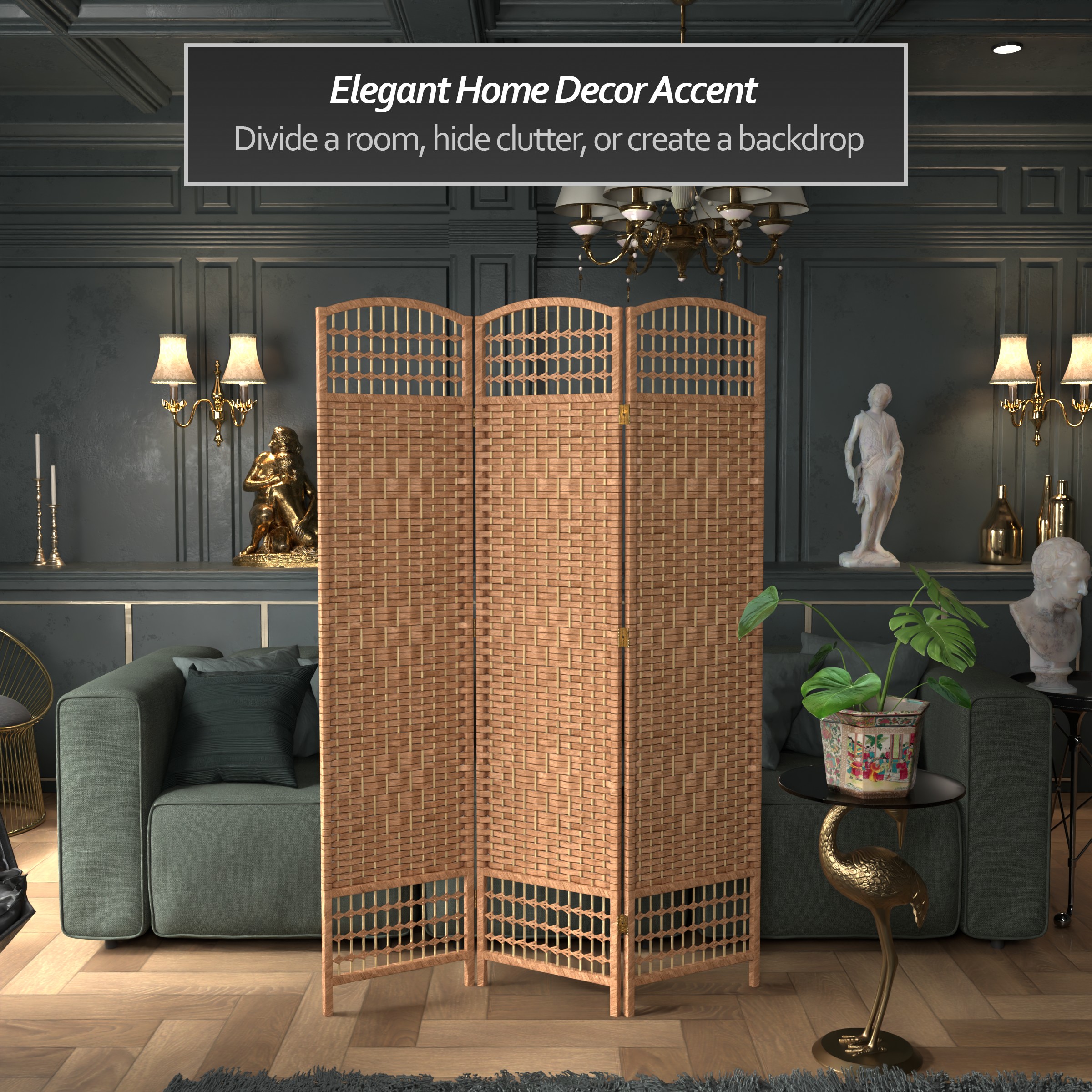 Natural Fiber and Wood 3-Panel Folding Room Divider