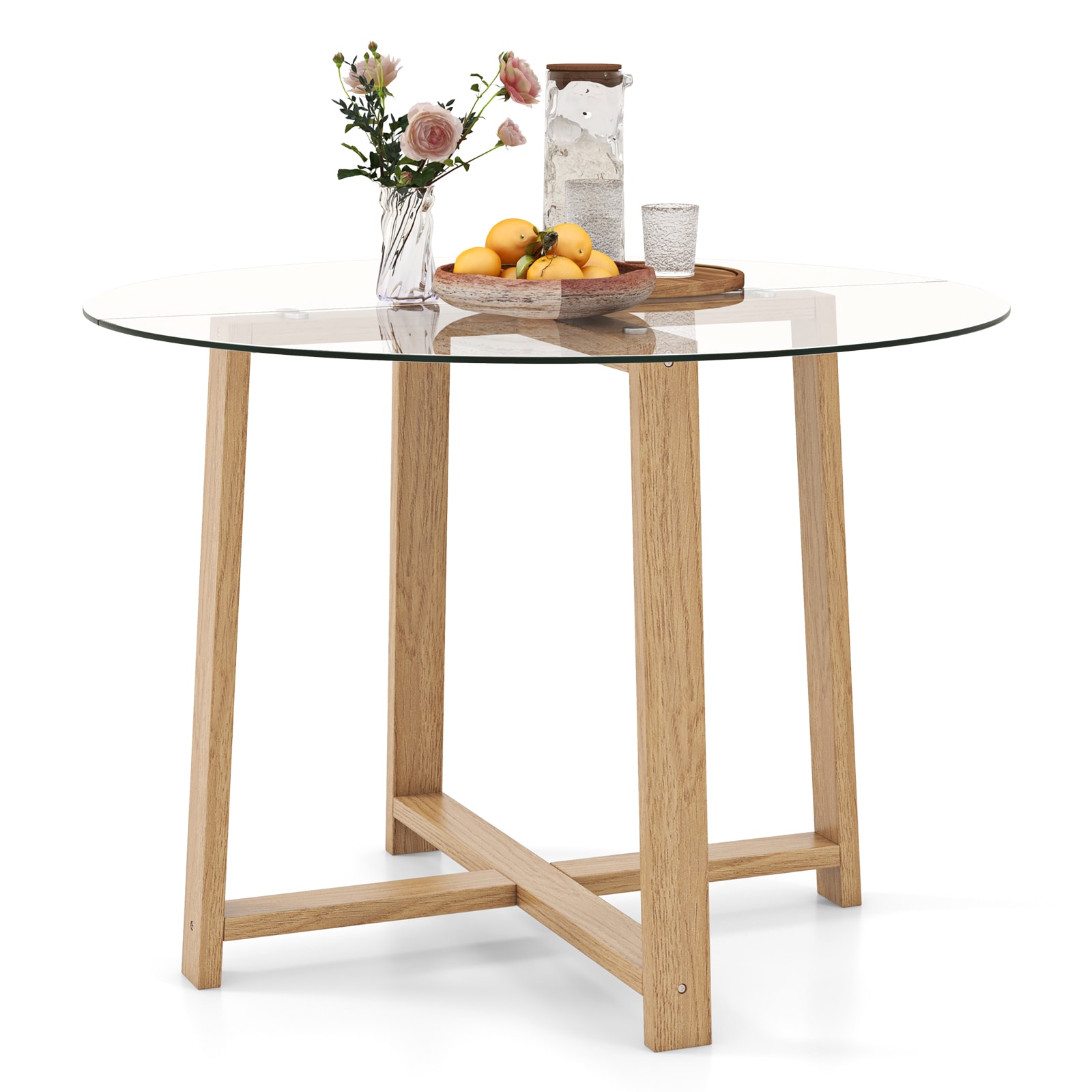 Volenca - Seats 4 Round Glass Dining Table with Tempered Glass Top and Rubber Wood X-Base 42-in 2...