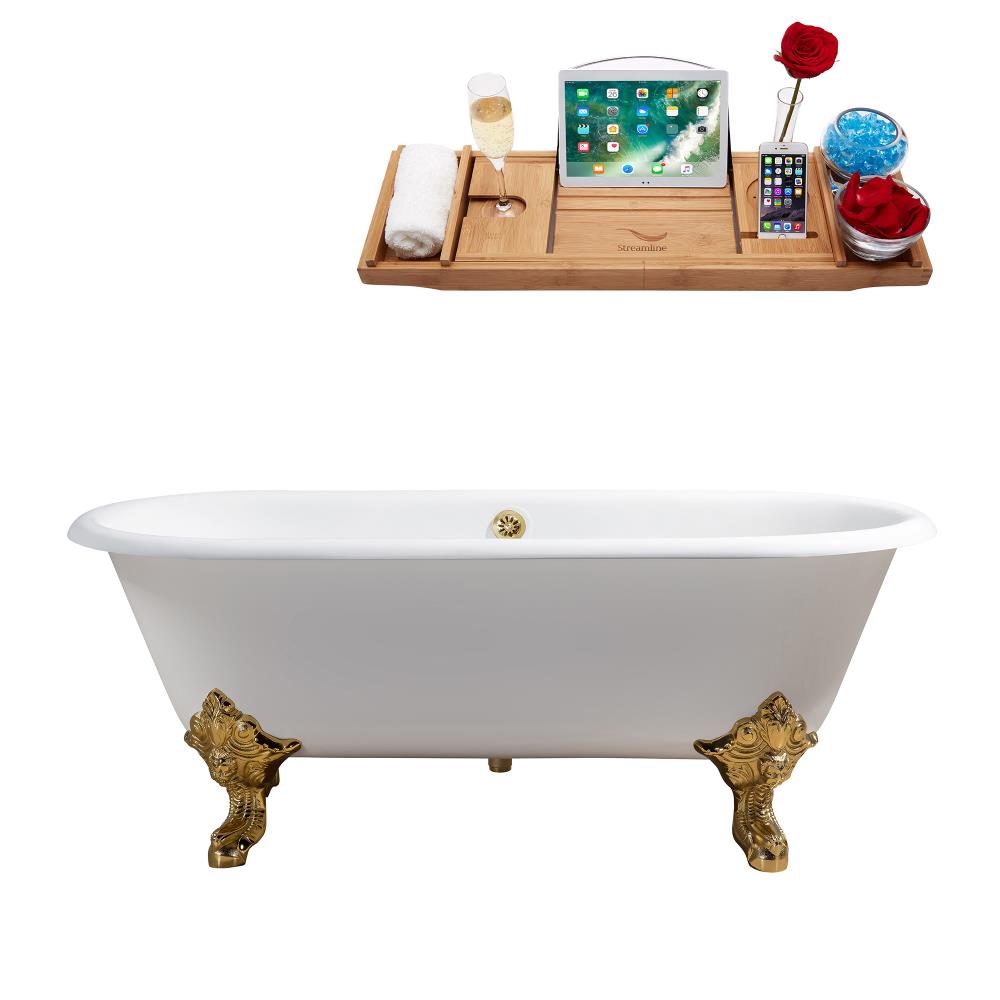Streamline R5001GLD-GLD 68.8975-Inches x 31.496-Inches Glossy White Cast iron Oval Clawfoot Soaking bathtub Drain ( Center Drain )