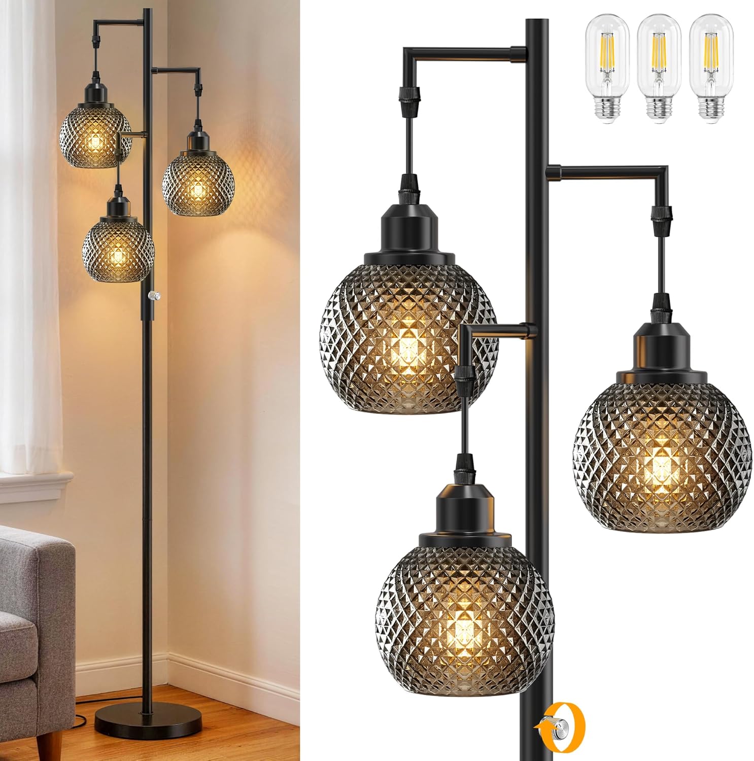 Cinoton Modern Floor Lamps for Living Room Standing Lamp with 3 Lights Tall Lamp for Bedroom Grey Vintage Glass Lamp with Stepless Dimmable for Home Decor 3 LED Bulb Included Black