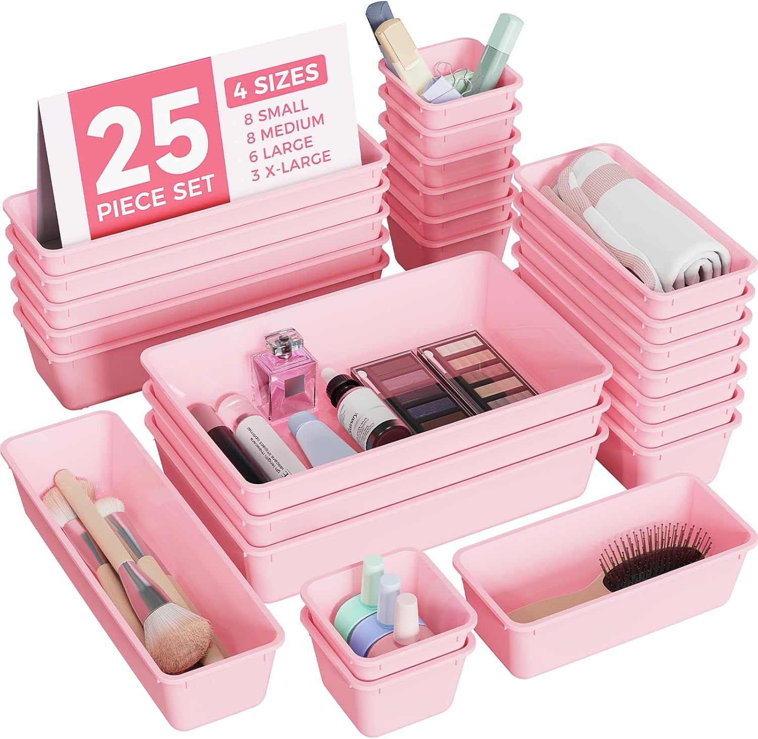 Etokfoks  Pink 8 8 in x 5 5 in Plastic Drawer Organizer Set 4 Size Vanity Trays for Jewelry and Utensils