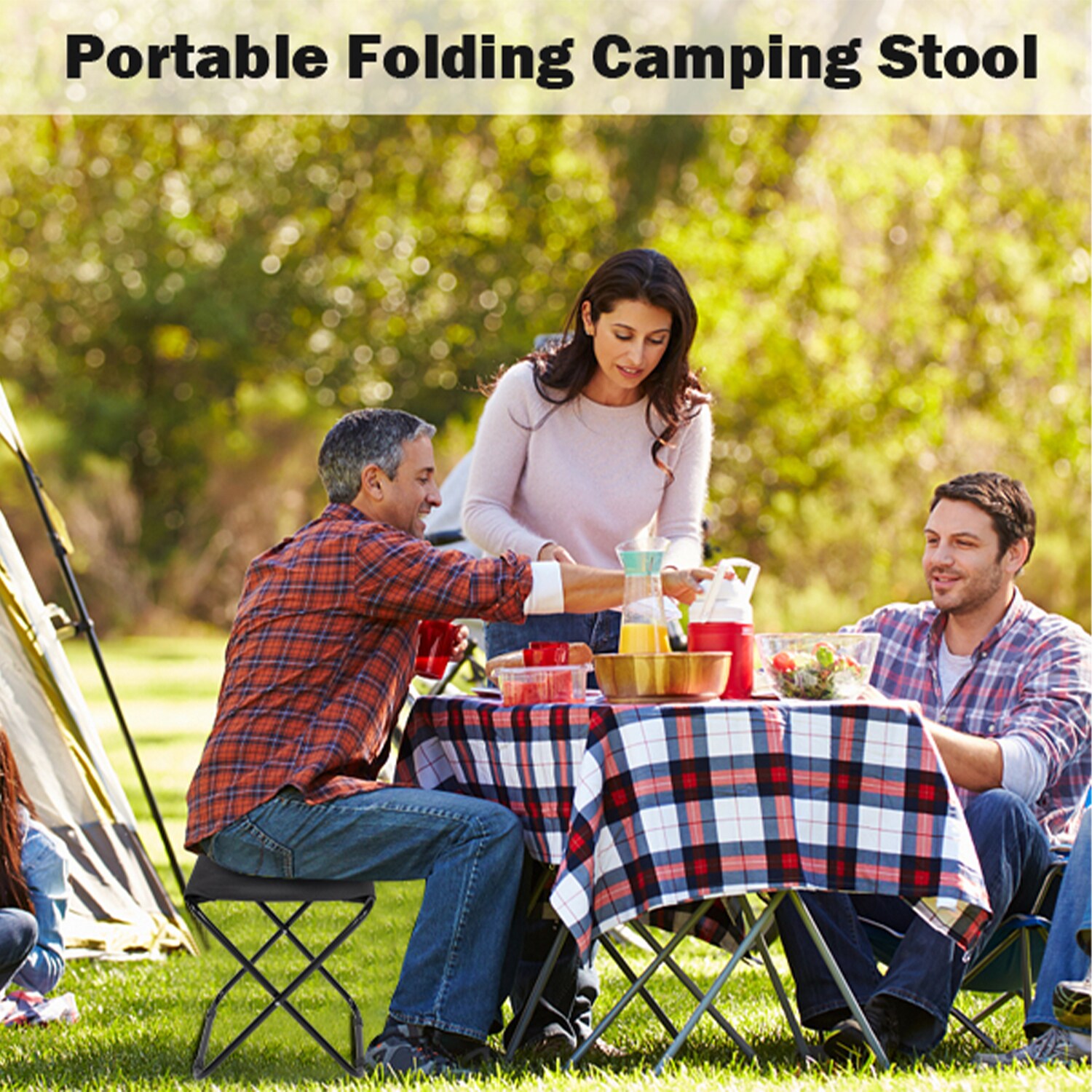 Black Metal Folding Camping Stool with Oxford Cloth Seat