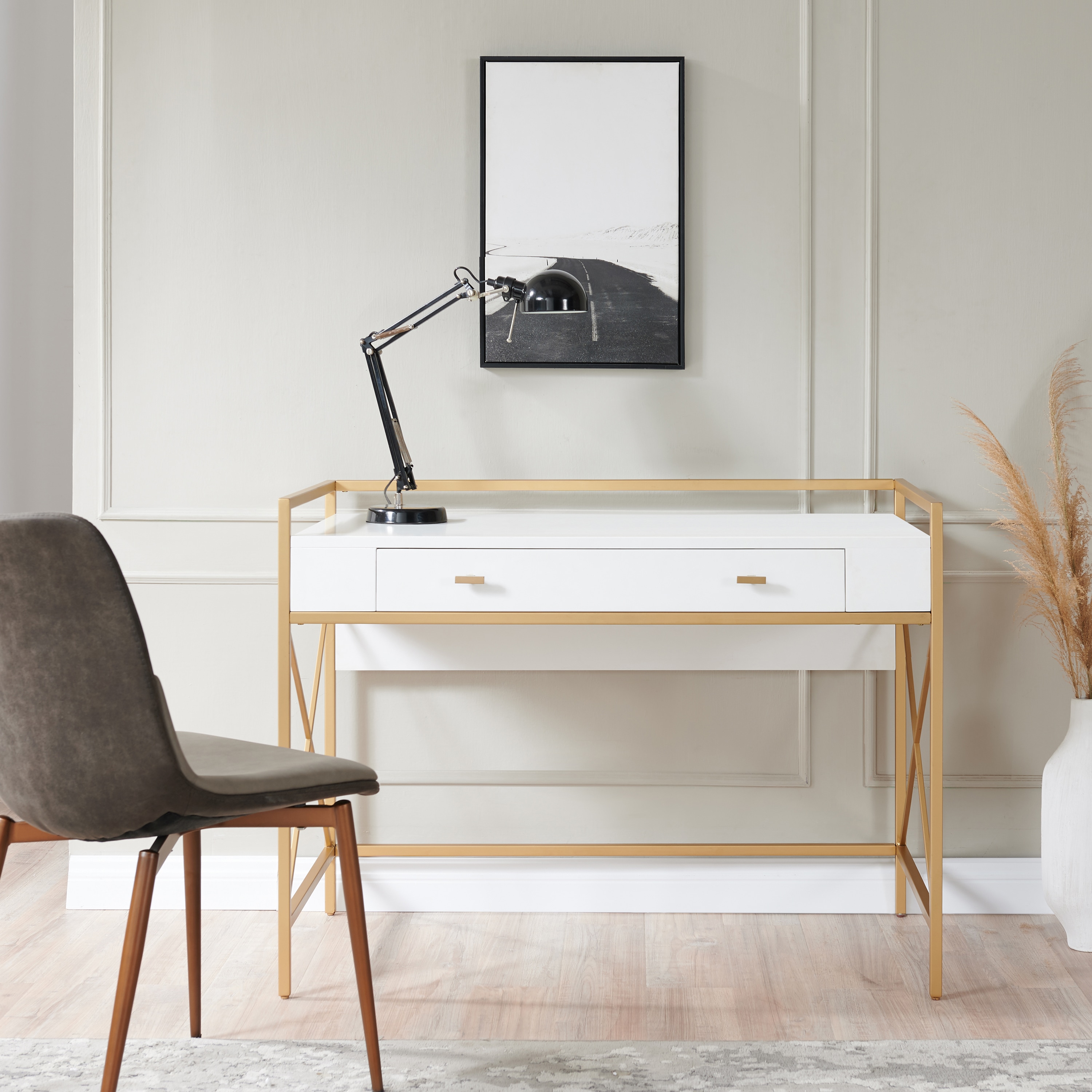 Claudette 48 Wide White Gold Corner Computer Writing Desk