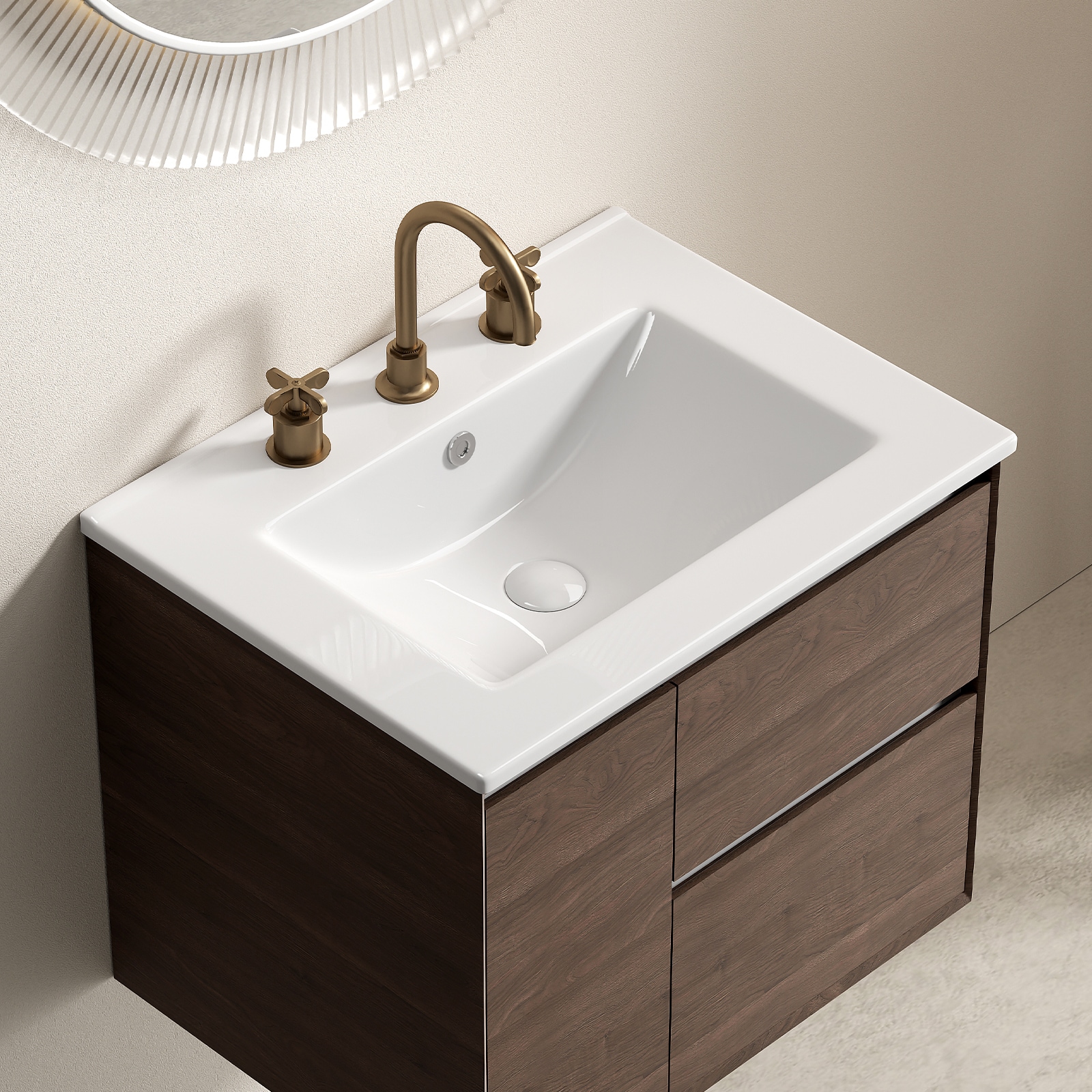 GLANZEND -  Glossy White 24-in W Ceramic Bathroom Vessel Sink Vanity Top with 3 Holes No Drain Ab...