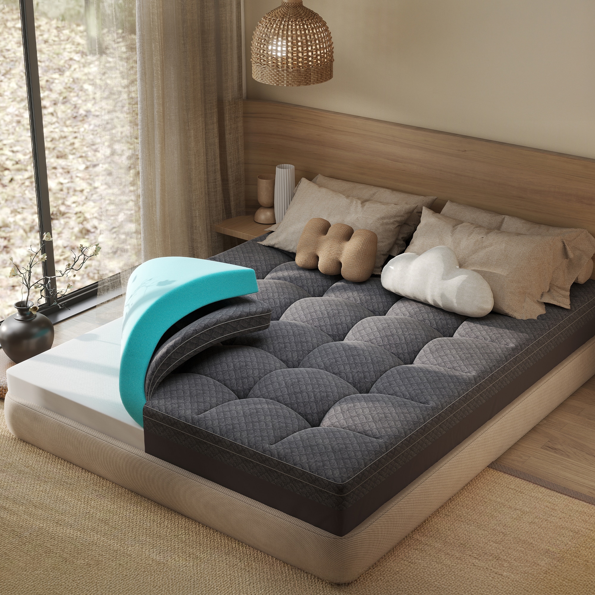Czpalo 2-in D Memory Foam with 1-in D Detachable Pillow Top Gray Twin Mattress Topper