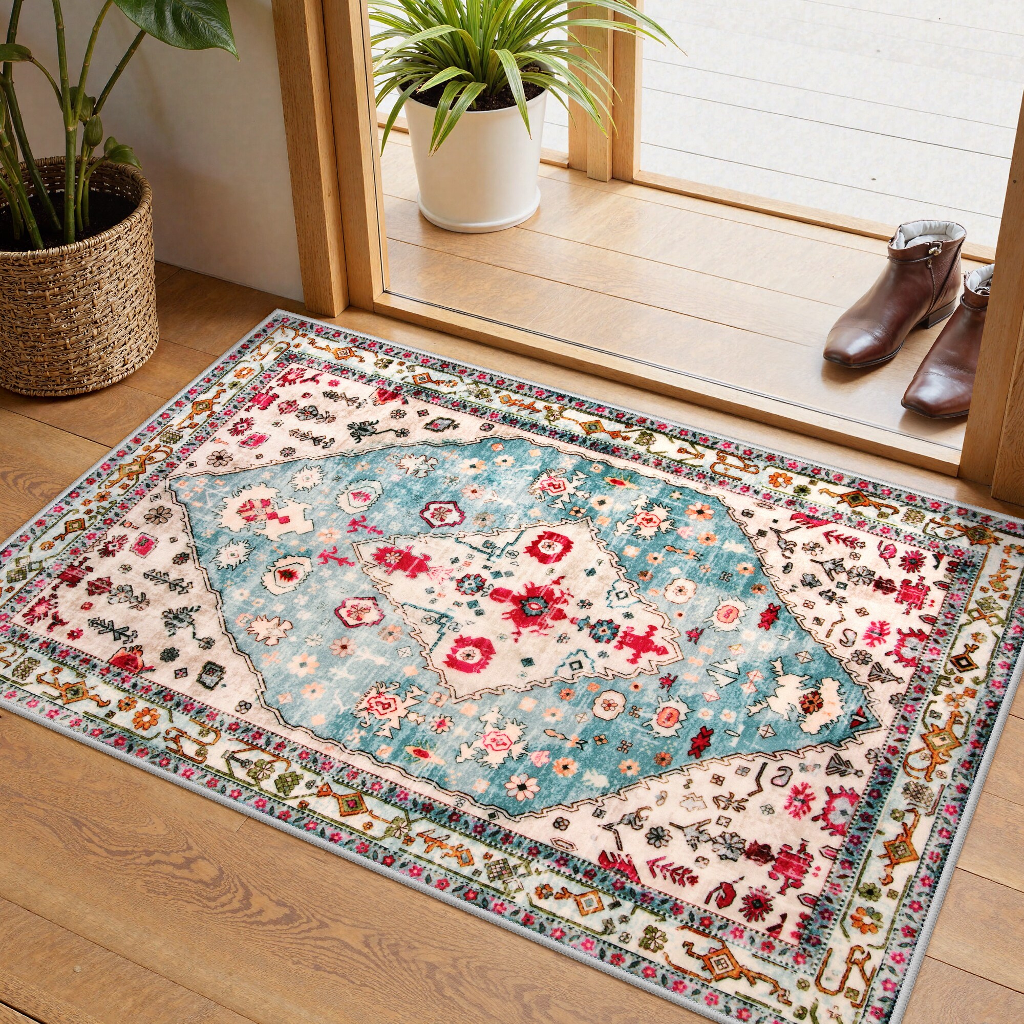 Lahome H223-640BLFGQL-60X90 2x3(ft) Blue Red Washable Traditional Abstract Non Slip Ultra Thin Soft Area Rug