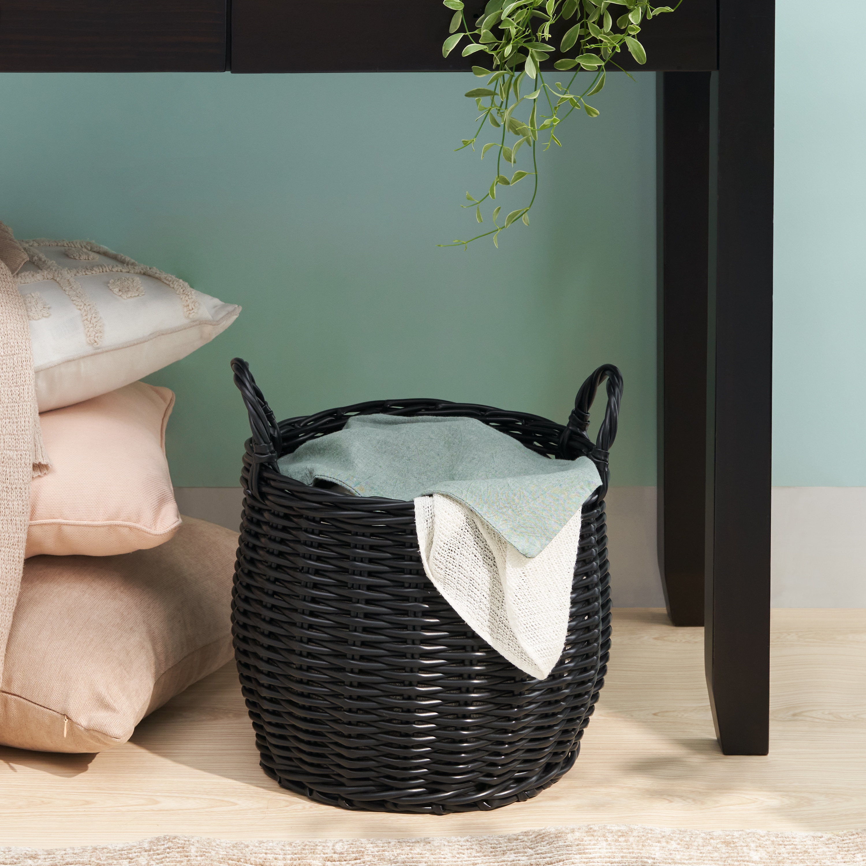 LOVMOR Lucius Round Resin Woven Wicker Storage Basket with Handles