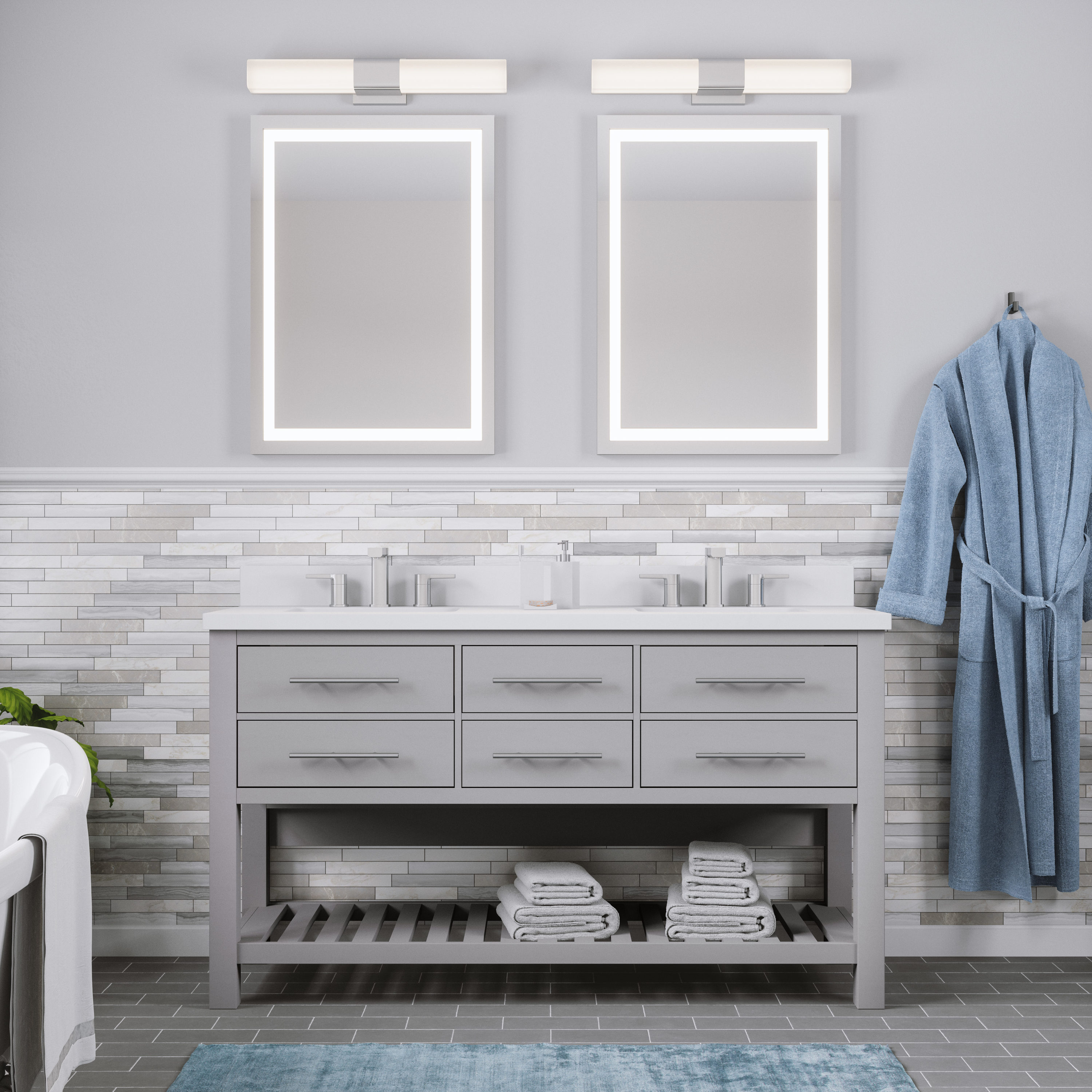 Light Gray Bathroom With Bathrobe Towel Builtin Storage Cabinet With  Mirrored Doors White Washbasin And Toilet Toilet Brush And A Trash Can  Shower With Glass Partition Stock Photo - Download Image Now 