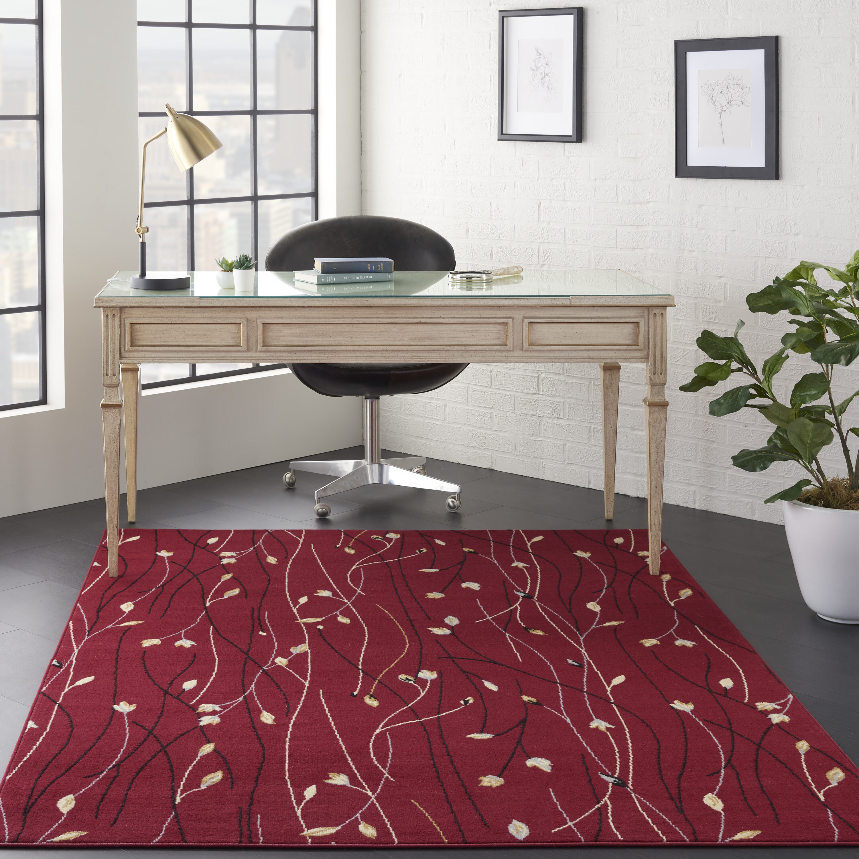 Nourison Home 099446810373 6 x 9 (ft) Loomed Red Rectangular Indoor Floral/Botanical Area rug