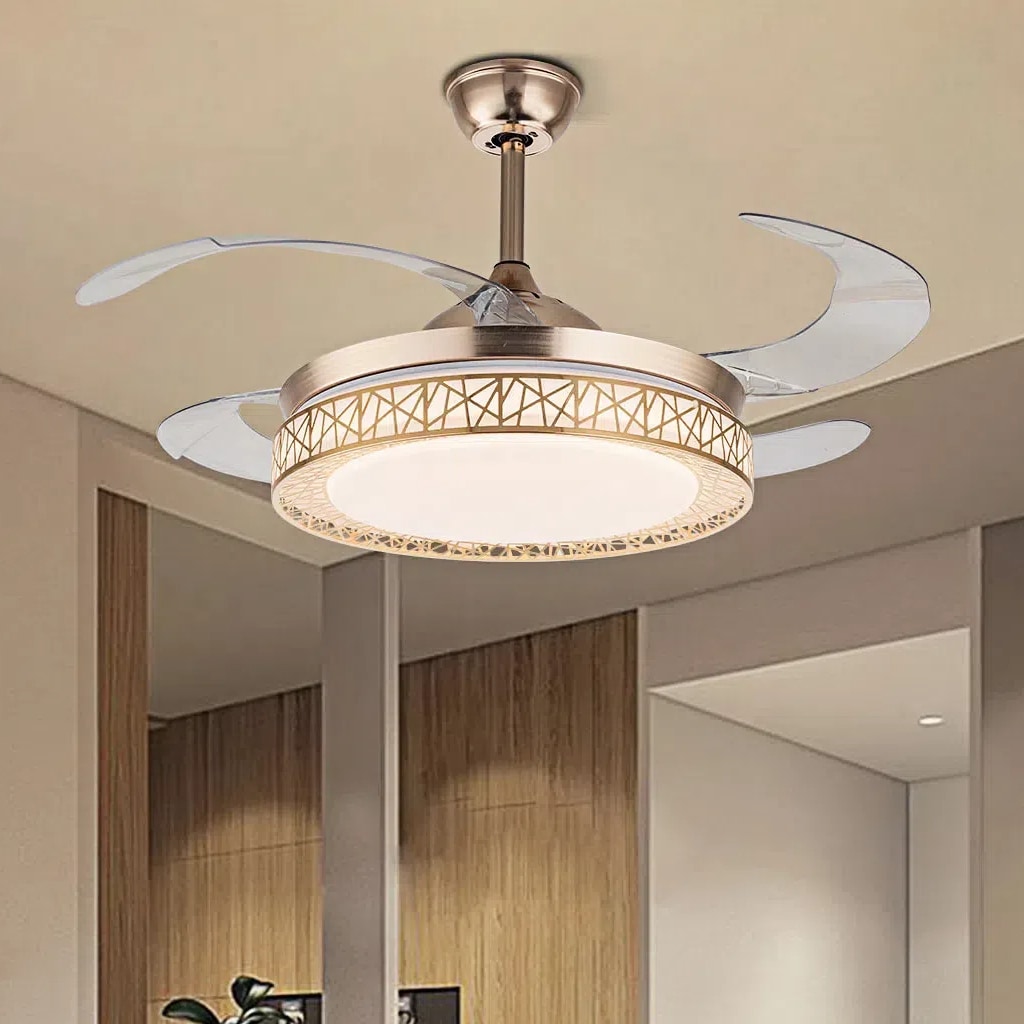 Oukaning HG-HCX-2060 42-in Color-Changing Integrated LED Gold Grid Shape LED with ABS Blades Chandelier Ceiling Fan With Light - Remote Included ( 4 -Blade )