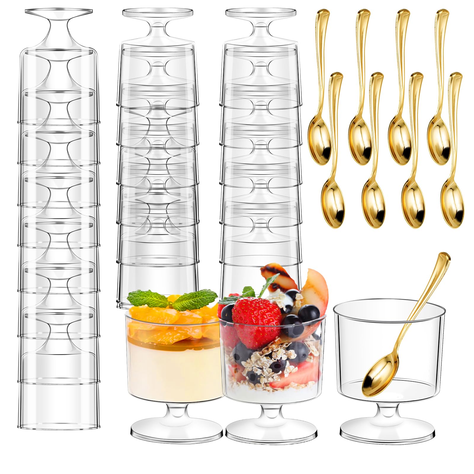 Wudkey 5 fl. oz. 60-Pack Clear Plastic Round Goblet Dessert Cups with Spoons Disposable Serving Cups Set of 120