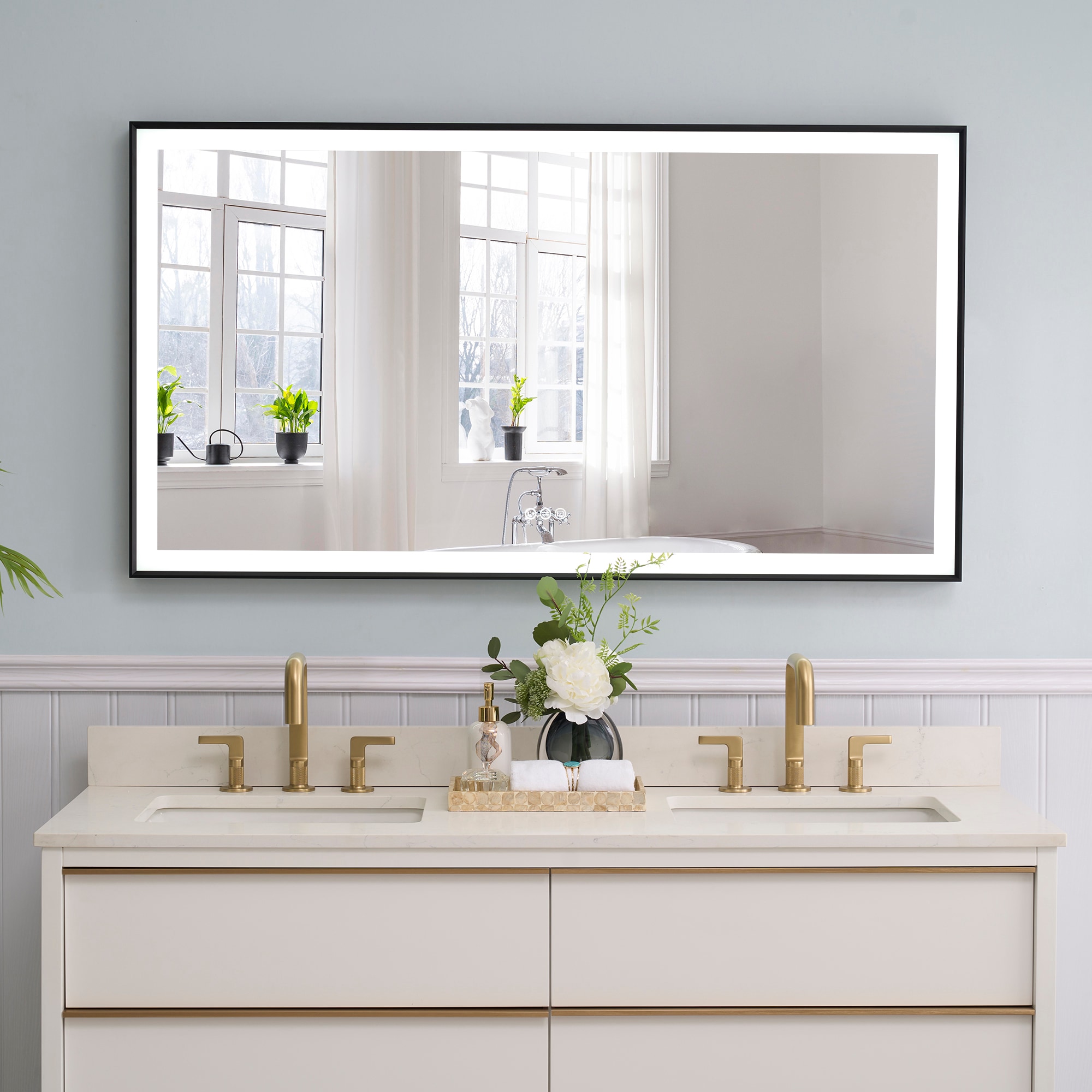 WELLFOR M1FM5530MB Eric 55-Inches x 30-Inches Framed Rectangle Dimmable Lighted Fog Free Bathroom Vanity Mirror ( Matte Black )